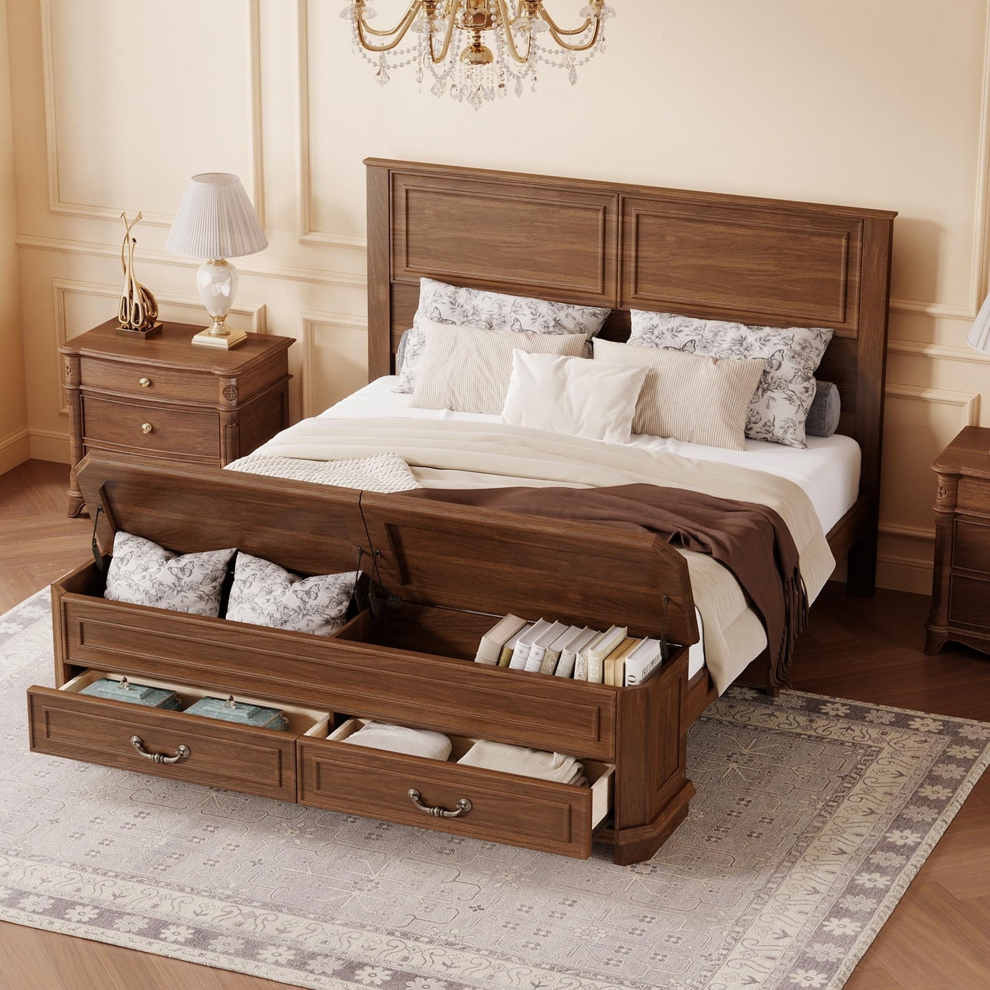 Ball & Cast Farmhouse Queen Size Bed Frame with Tall Headboard and Storage Bench,Wood Platform Bed Frame Queen Size with with Storage Footboard & 2 Large Storage Drawers, No Box Spring Needed,Walnut