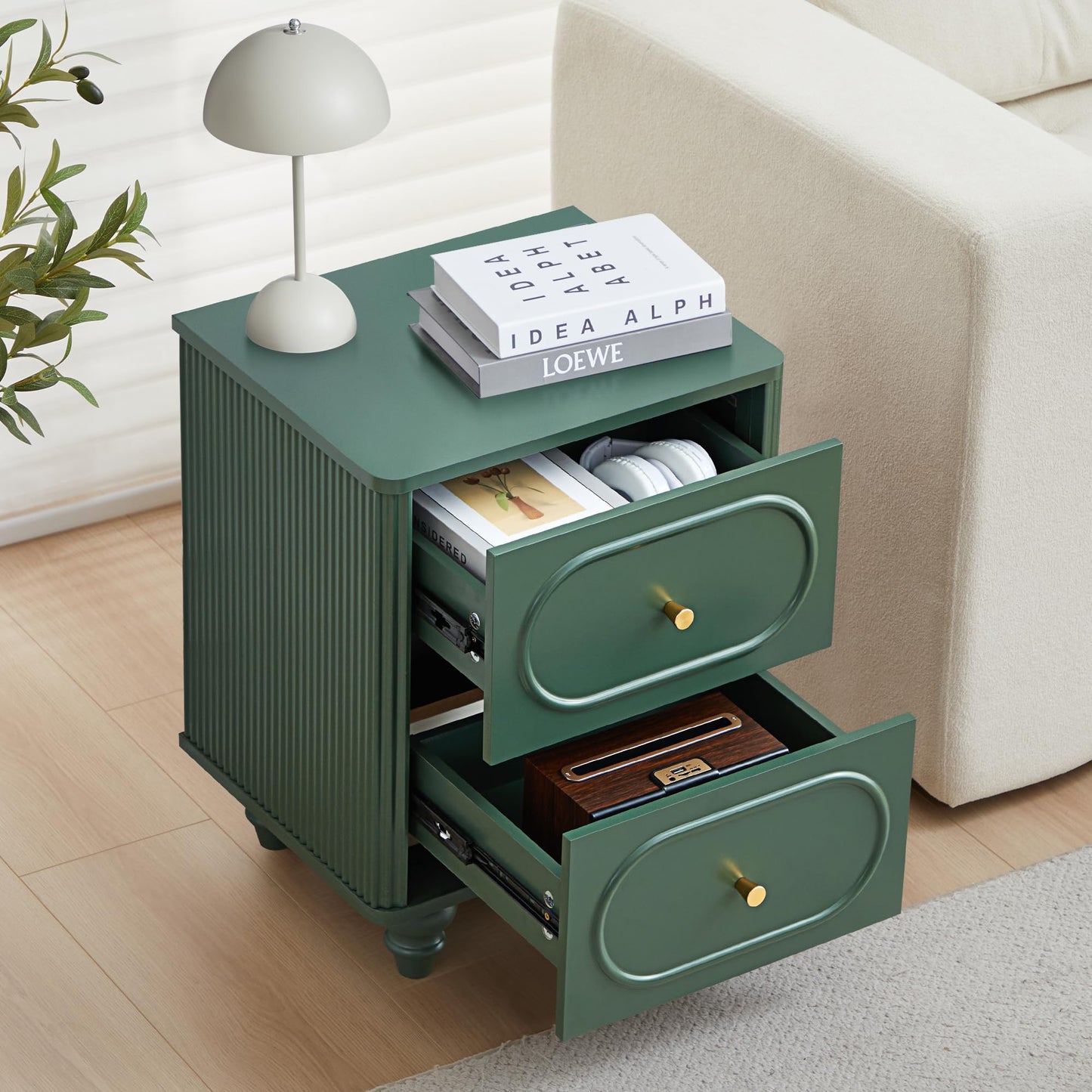 2 Drawer Fluted Nightstand Set of 2, Mid Century Modern Farmhouse Night Stand Small End Table Bedside Table for Bedroom, Green