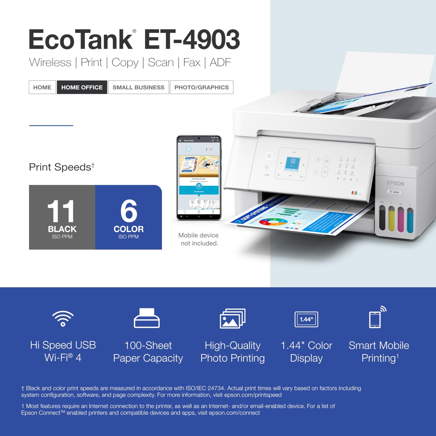 Epson EcoTank ET-4903 Wireless All-in-One Color Supertank Printer with up to 3 Years of Ink, Refillable Tanks, Perfect for Home Office, 11 PPM, 1.44" Color Screen, Built-in Scanner, Fax, ADF – White