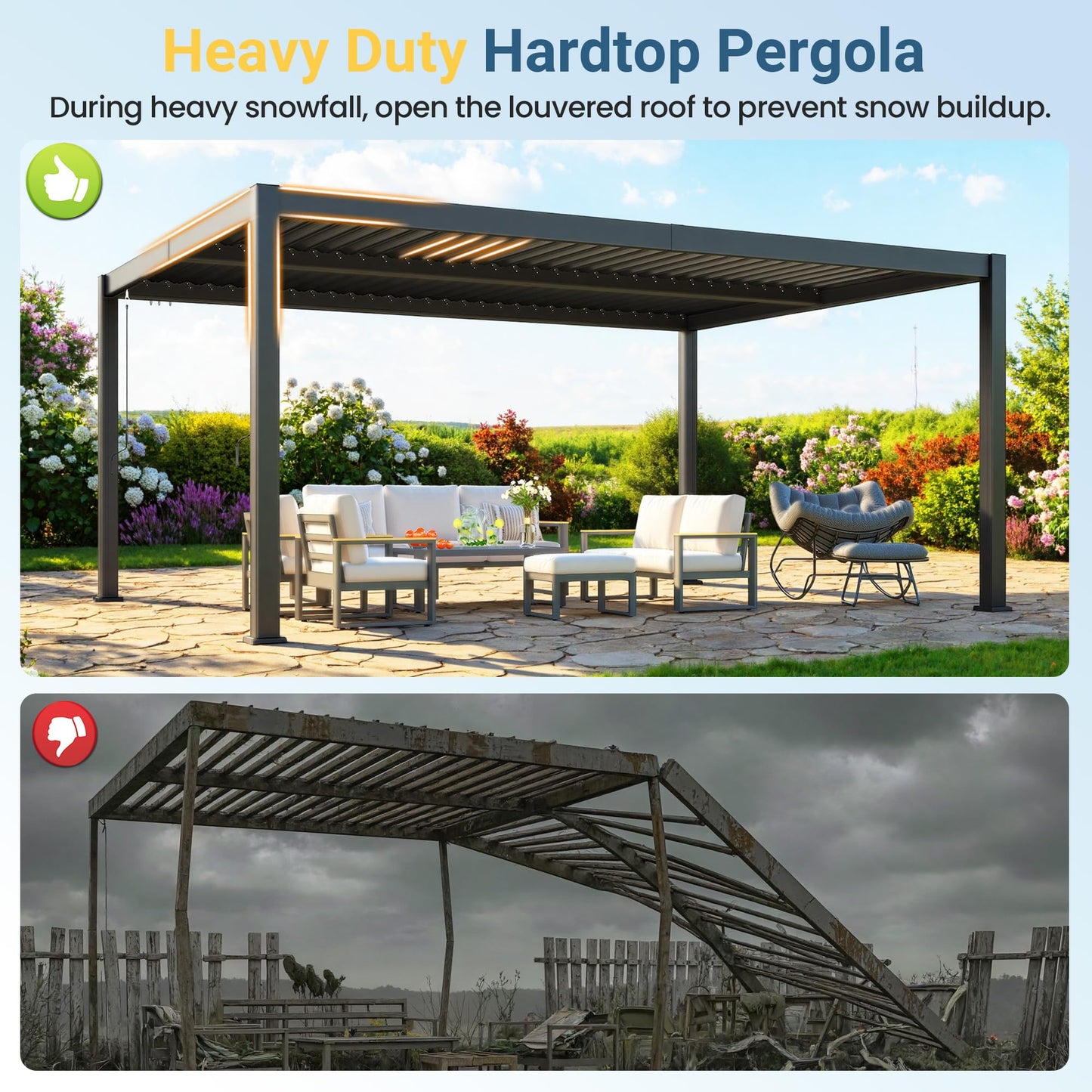 12' x 16' Louvered Pergola, Metal Outdoor Pergola with Adjustable Louvered Roof & Gutter System, Hardtop Patio Gazebo for Backyard, Deck, Garden, Dark Gray