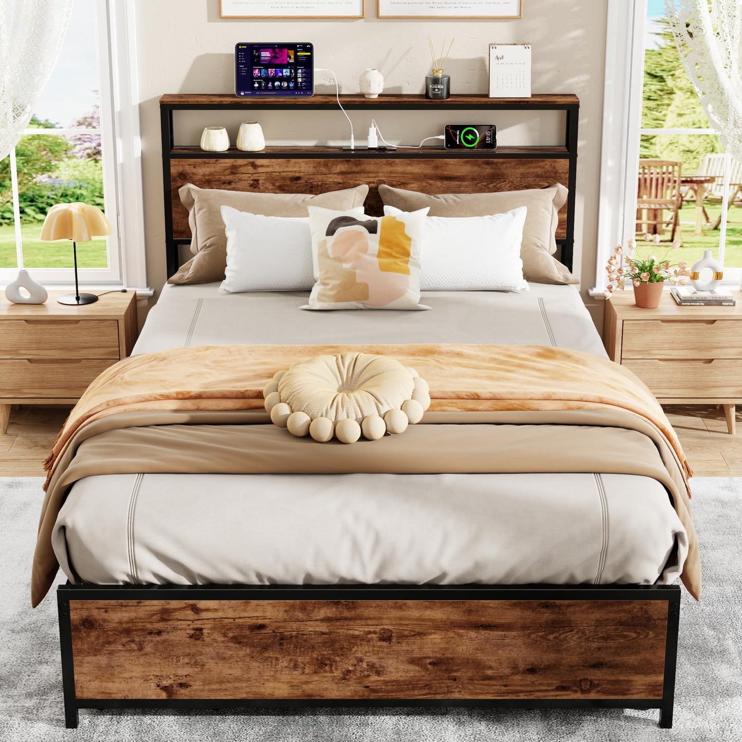 Forestell Full Size Bed Frame with Storage Headboard & 6 Drawers,Sturdy Platform Bed Frame Full with Charging Station,LED Lights,2-Tier Wood Shelf Industrial Bedframe-Noise Free/No Box Spring Needed