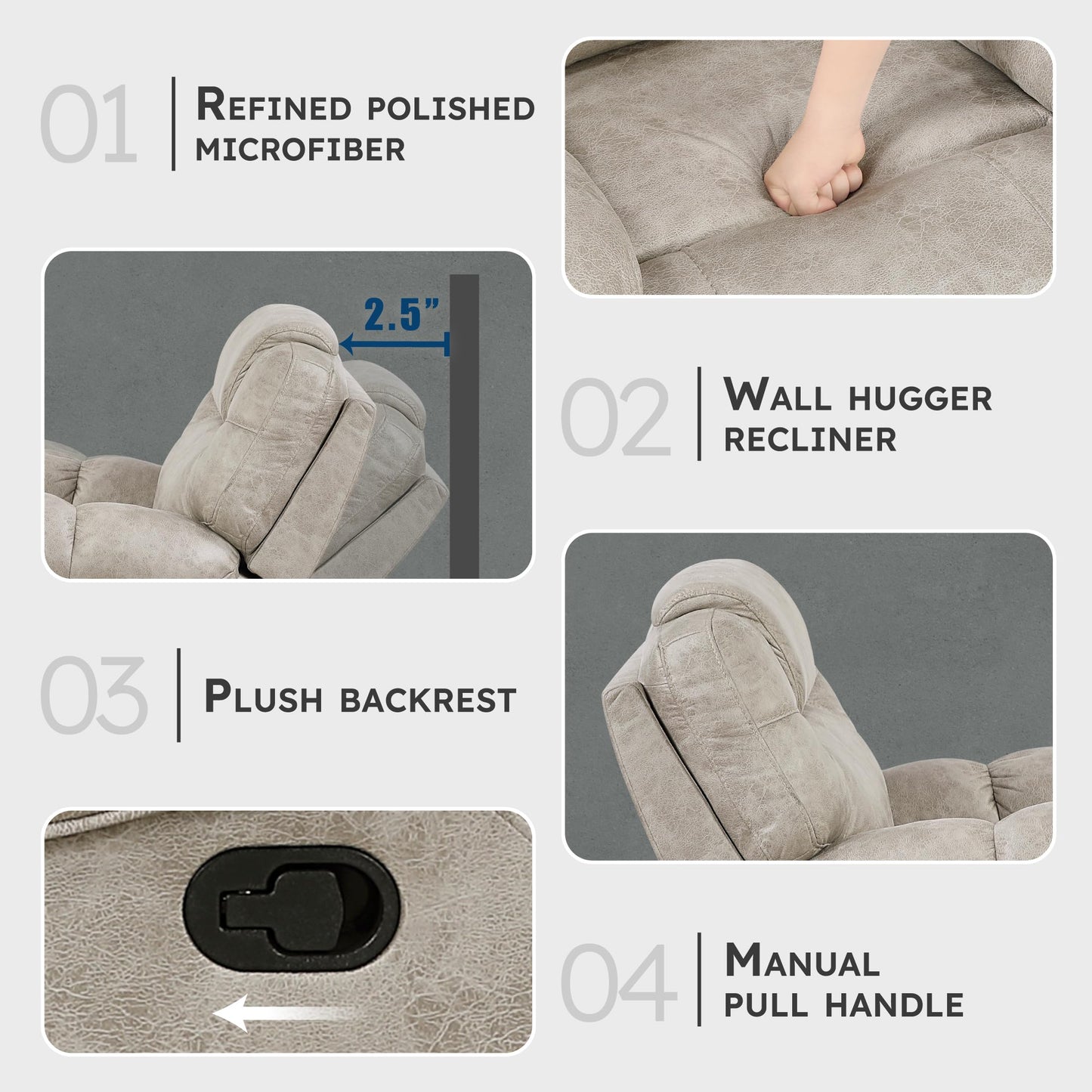 Lexicon Manual Double Reclining Sofa, Polished Microfiber Wall Hugger 3 Seater Manual Tab Pull Sofa Recliner for Living Room, Pillow Top Armrest, Padded Headrest, Easy Assembly, Pewter