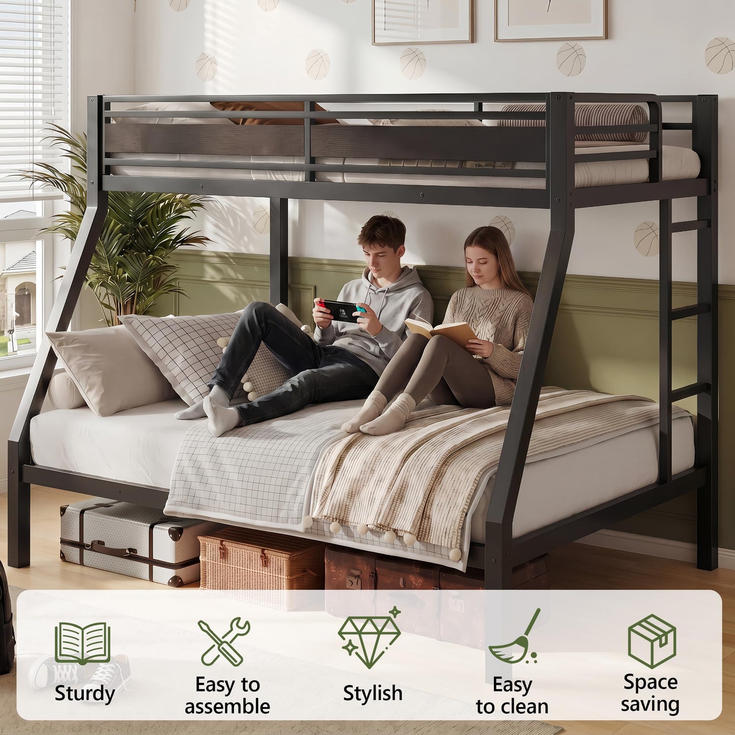 iPormis Heavy Duty Twin Over Full Bunk Beds, Metal Twin Bunk Bed Frame with 12.8" Guardrails, Loft Bed Frame for Kids and Teens, Reversible Ladder, Under Bed Storage Space, No Box Spring Needed, Black