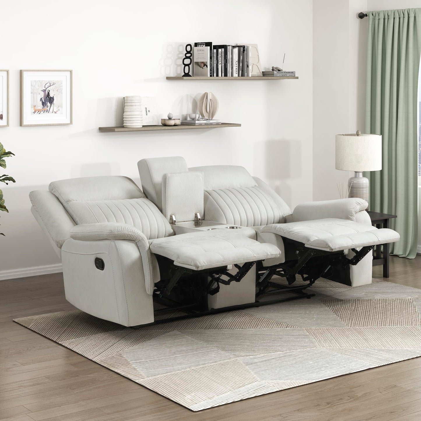 Lexicon Manual Double Reclining Loveseat, Polished Microfiber Manual Wall Hugger Loveseat Recliner for Living Room, Center Storage Console/Cup Holders, Easy Assembly, Beige