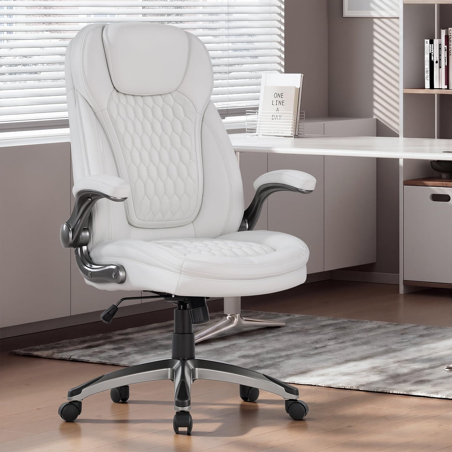 COLAMY Office Chair Ergonomic Desk Chair-Executive Office Chair with Upgraded Caters, High Back Computer Chair Flip-up Arms, Strong Metal Base, Swivel Leather Chair for Work/Study, 300lbs, White