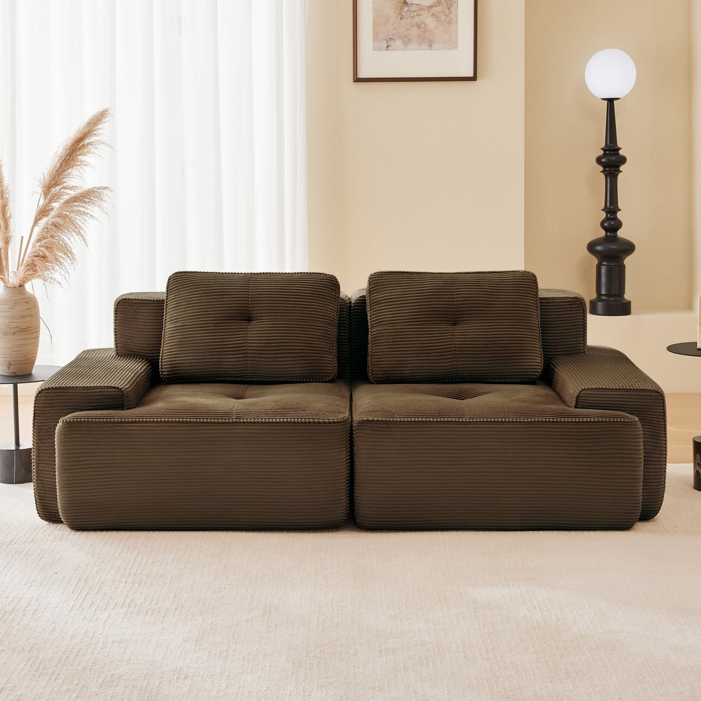 KEIKI 80" Oversized Corduroy Modular Sectional Loveseat Sofa with High-Density Foam Cushion & 2 Pillow, Upholstered Anti-slip Design 2-Seater Tufted Couch, No Assembly Required, for Living Room, Brown