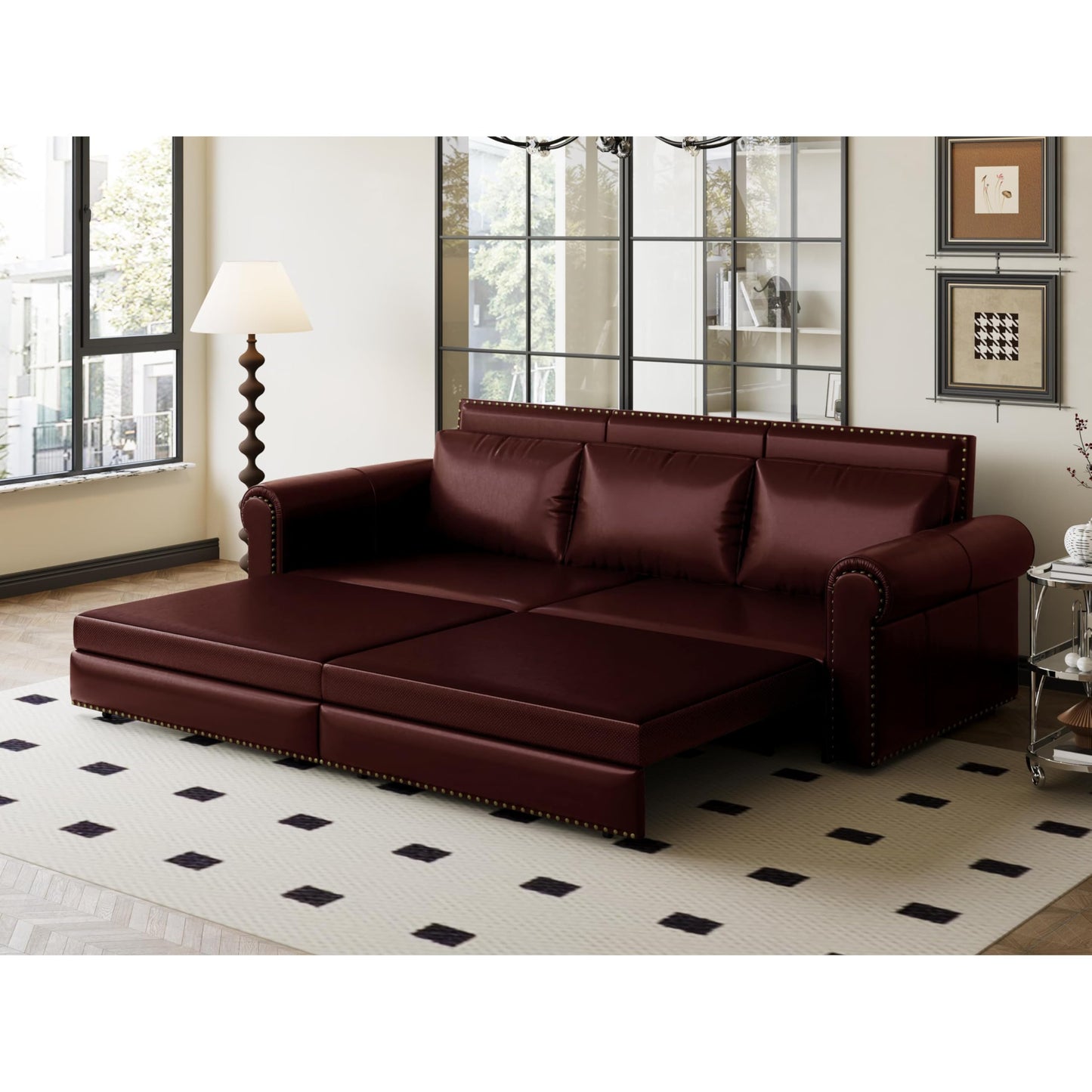 Ball & Cast 3-in-1 Convertible Sofa Bed,93.7" Faux Leather King Pull Out Couch Bed, Loveseat Sleeper Sofa with Nailhead Trim & Rolled Arm,Multi-Functional Sofa Couches for Living Room,Dark Brown