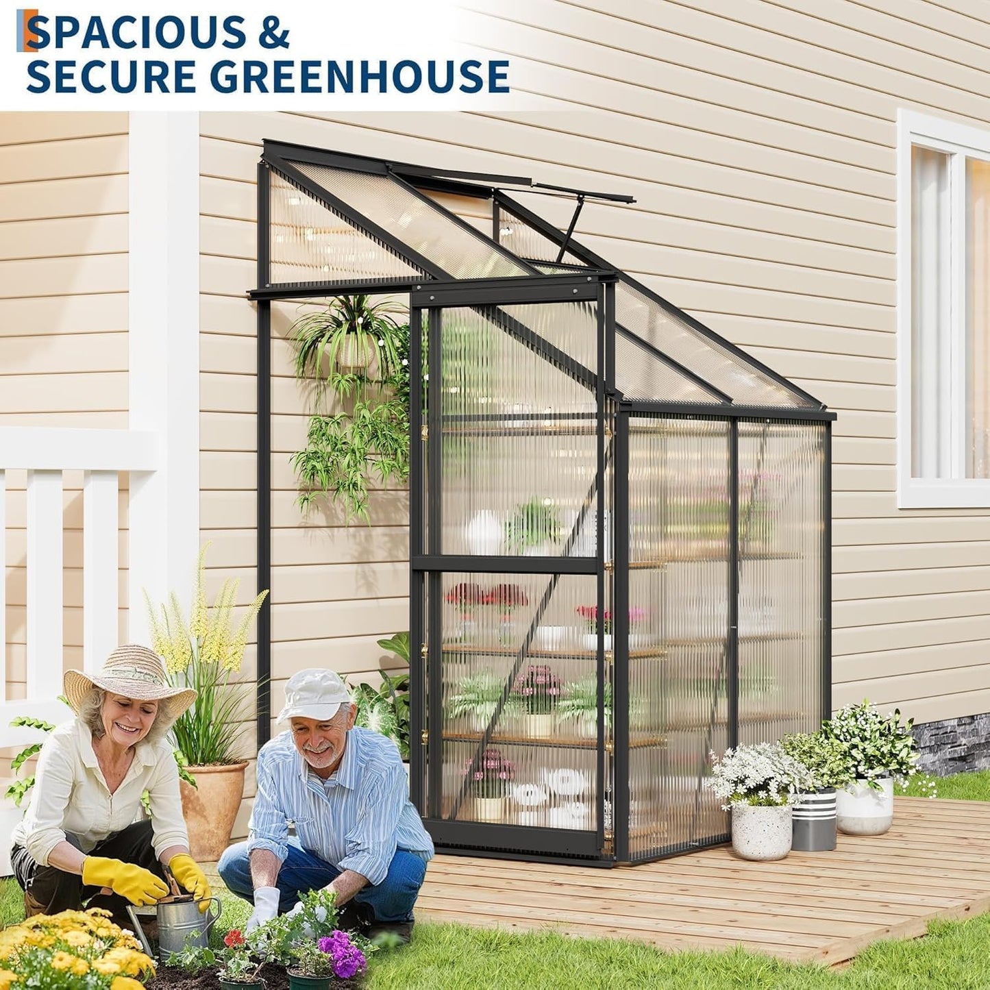 4x4 ft Lean-to Walk-in Polycarbonate Greenhouse,Greenhouse Kit,Lean-to Greenhouse for Outdoors,Portable Wall-Mounted Outdoor Green House with Sliding Door,Adjustable Roof Vent & Rain Gutter