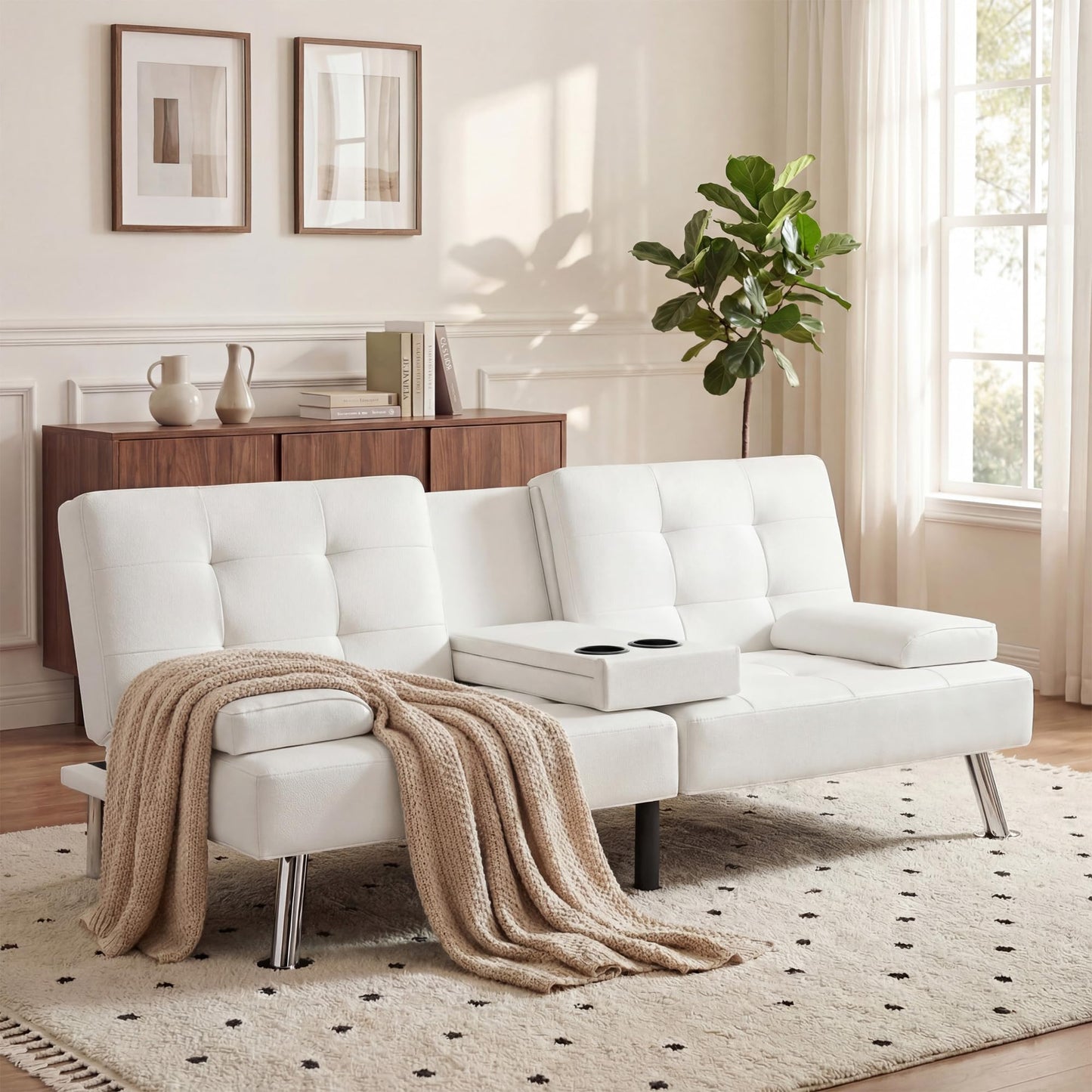 YESHOMY Modern Futon Sofa Bed, Convertible Futon Couch with Adjustable Backrest, Futon Loveseat Sleeper Sofa Bed with Armrest for Living Room, Small Spaces,PU Leather, White