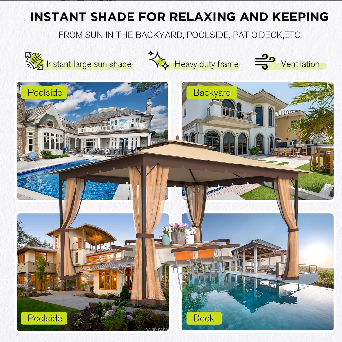 Bezseller 10x12 Outdoor Patio Gazebo with Powder-Coated Metal Frame, Stable Double-Tier Canopy with Zip Mesh Sidewalls for Backyard Dining & Entertaining, Khaki