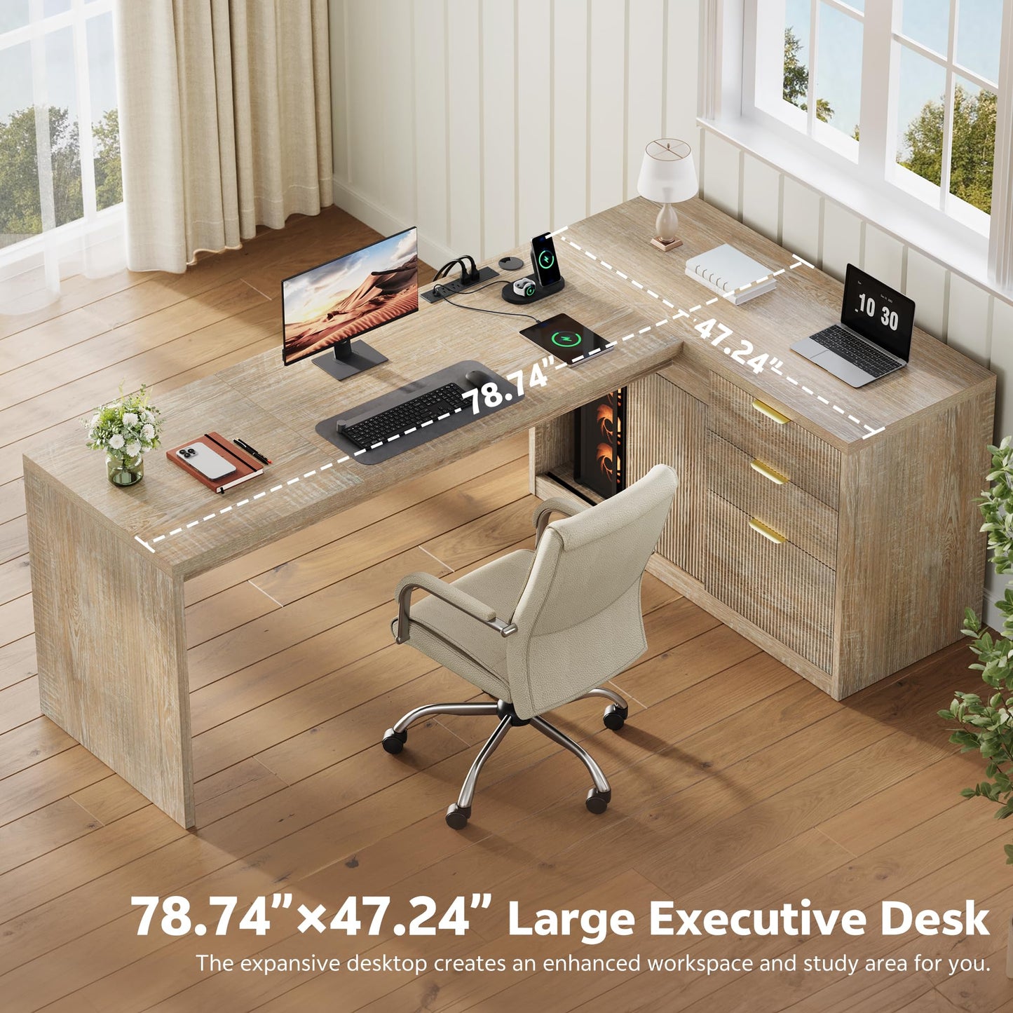 Homiflex 78 Inch L Shaped Office Desk with Drawers Fluted L Shape Computer Desk Executive Office Desk with File Cabinet Storage Shelves and Power Outlets Sturdy Writing Workstation Natural Oak