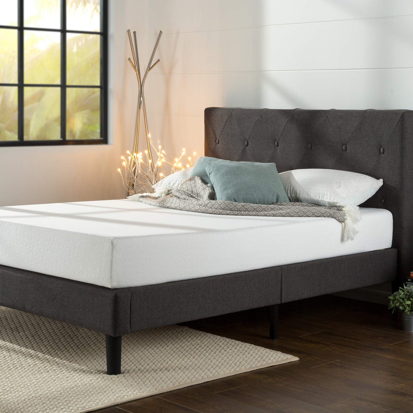 Zinus Shalini Upholstered Platform Bed Frame, Mattress Foundation, Wood Slat Support, No Box Spring Needed, Easy Assembly, Dark Grey, Queen