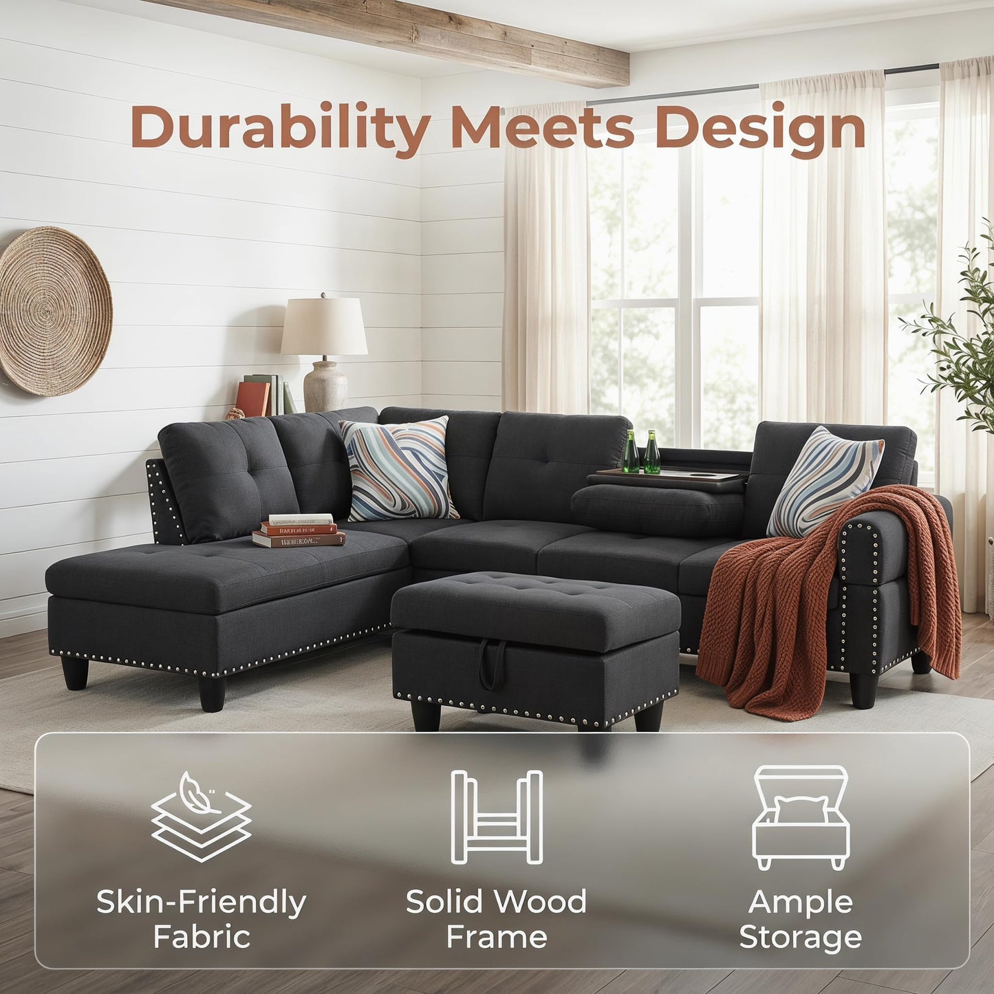 Trygoal 97.5" Linen L Shaped Couch with Left Chaise & Cup Holder, Sectional Sofas Modular Furniture Set with Storage Ottoman, Convertible Couches for Living Room, Small Space & Office (Black)
