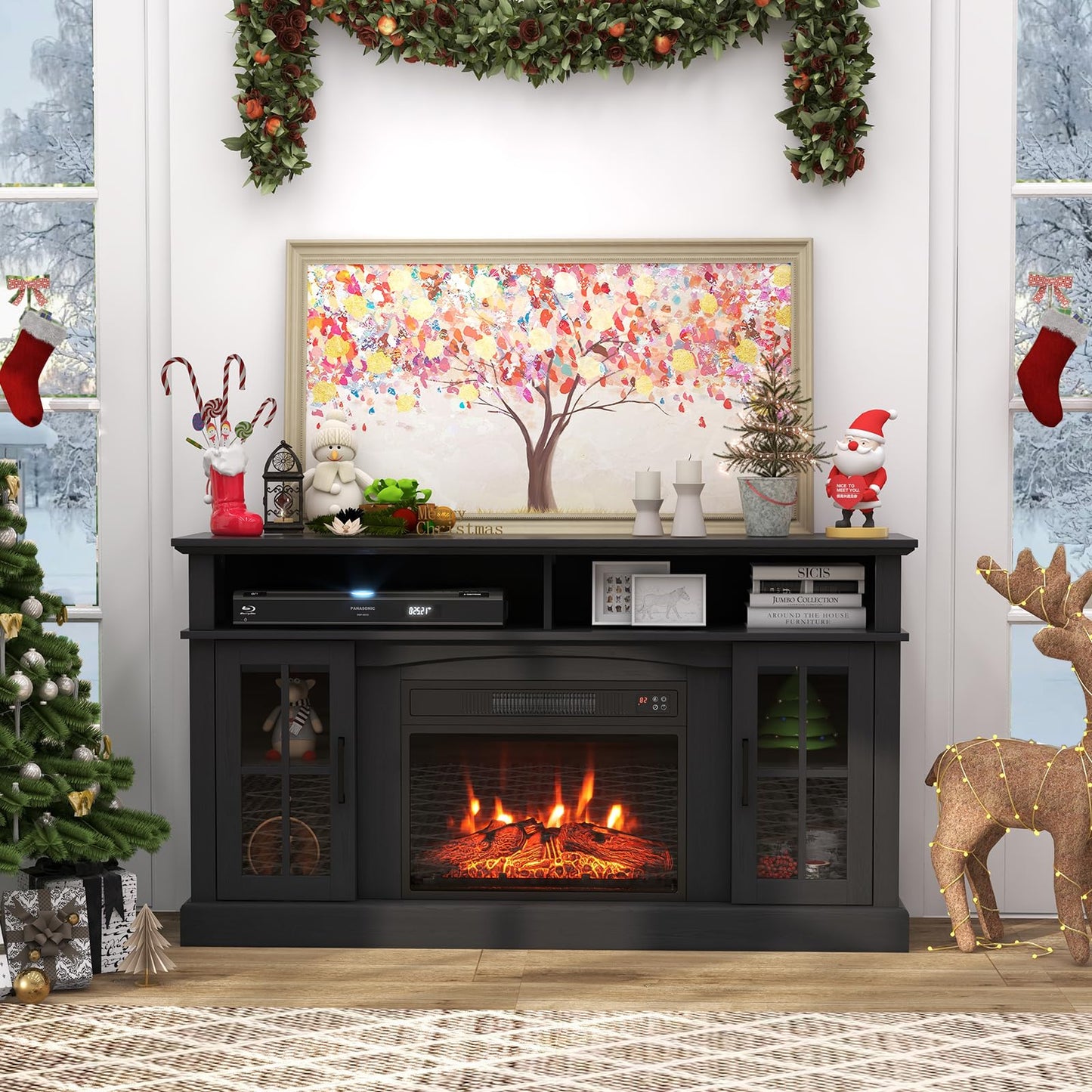 CLEEMAN Electric Fireplace TV Stand for TVs up to 65”, Media TV Console w/ 23” Fireplace Insert Heater, Remote Control, 3-Level Flame, Overheat Protection, Entertainment Center for Living Room (Black)