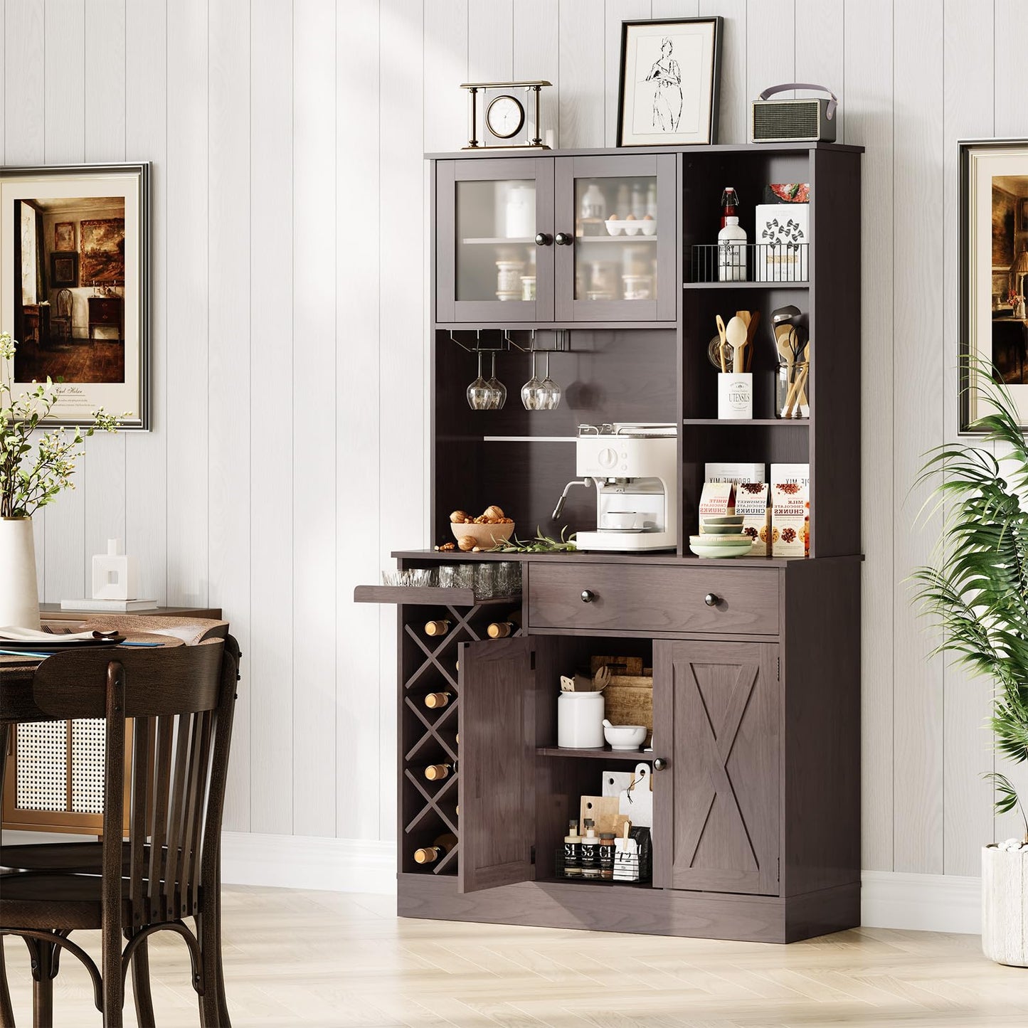 Hetoy 72" Tall Kitchen Pantry Cabinet with Power Outlet – Barn Doors, Wine Bottle Rack & Ample Storage – Modern Sideboard Buffet for Dining Room, Kitchen, or Home Bar