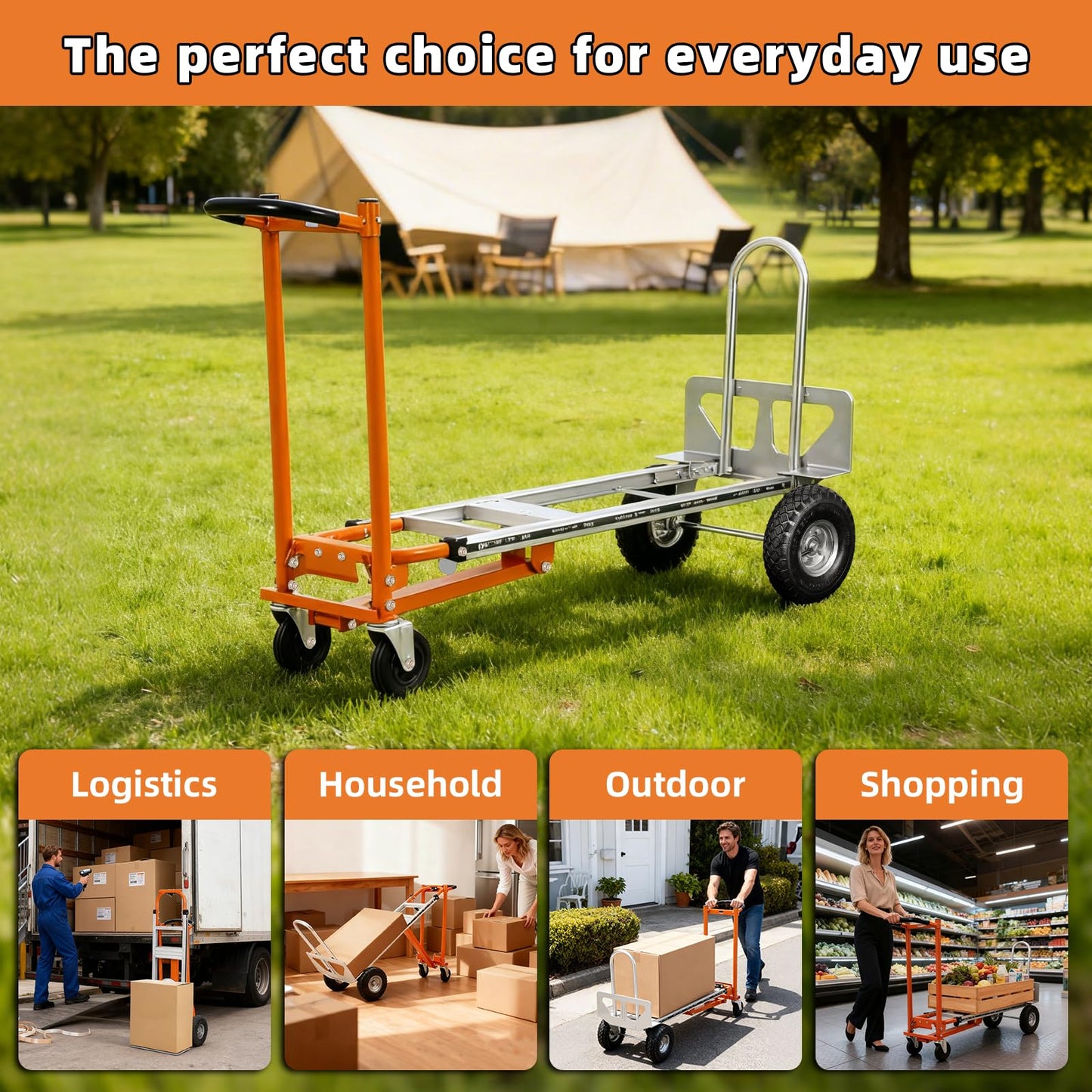 Aluminum 4 in 1 Convertible Hand Truck Dolly, 1000Lbs Capacity, Heavy Duty Folding Hand Truck Dolly Cart with Wheels 10" All-Terrain Tires, Hand Trucks for Logistics, Moving Home, Shopping, Office