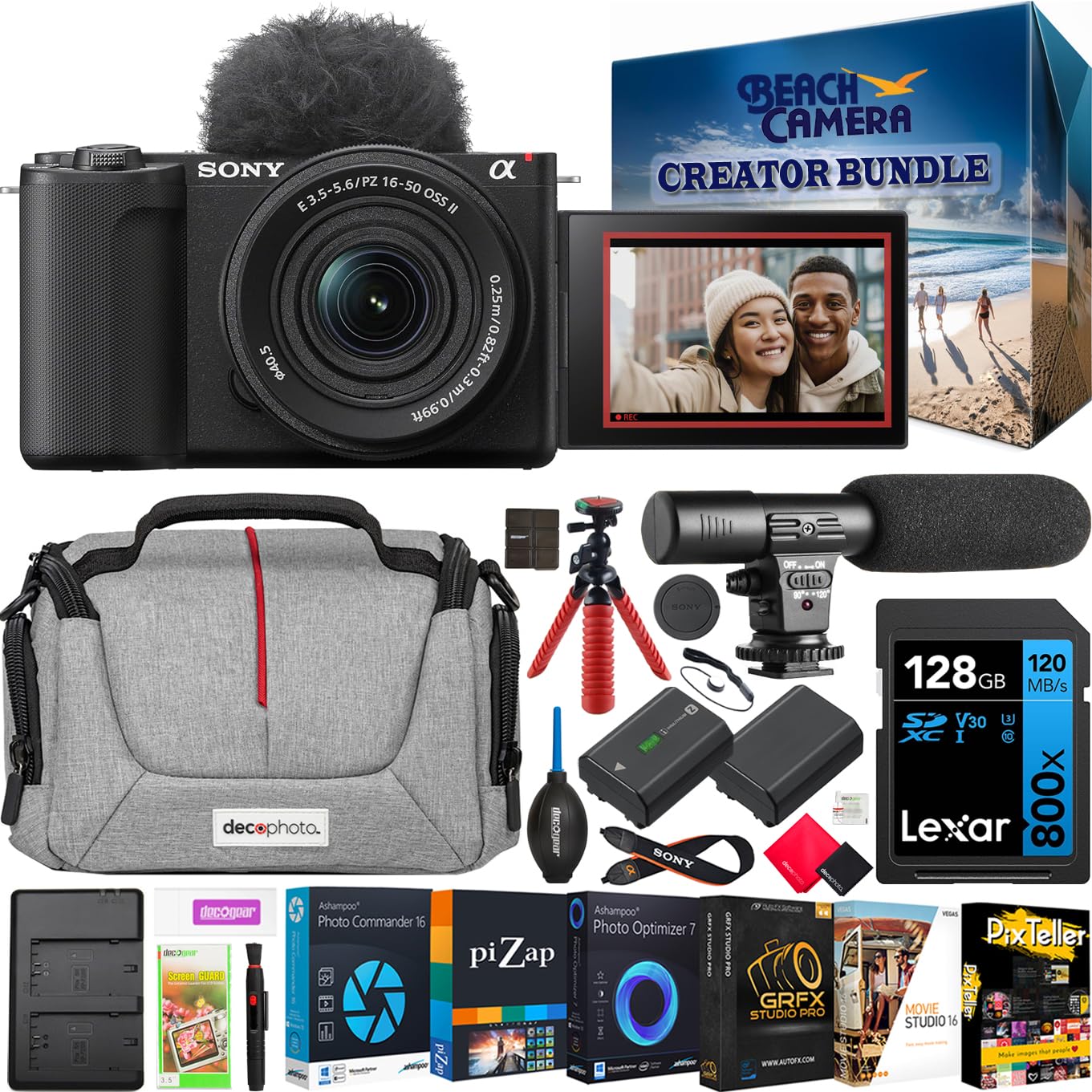 Sony ZV-E10 II Mirrorless Alpha APS-C Camera Body + 16-50mm F3.5-5.6 OSS II Zoom Lens Black ZVE10M2KB Content Creators Bundle with Deco Gear Case + Microphone + Extra Battery + Tripod Accessories Kit