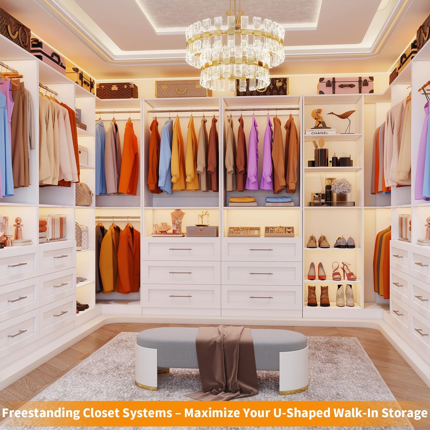 Closet System with 9 Drawers, Corner Closet Organizer Systems with 9 Shelves & 9 Hanging Rods L-Shaped Walk in Closet Freestanding Corner Tower Modular Storage System 4 Sets 2800+ Lbs Capacity White