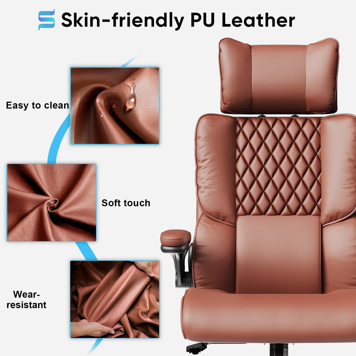 Sytas Ergonomic Office Chair with Adjustable Headrest, Executive Leather Desk Chair with Upgraded Lumbar Support for Lower Back Pain Relief, Thickened Backrest Computer Chair for Home Office, Brown