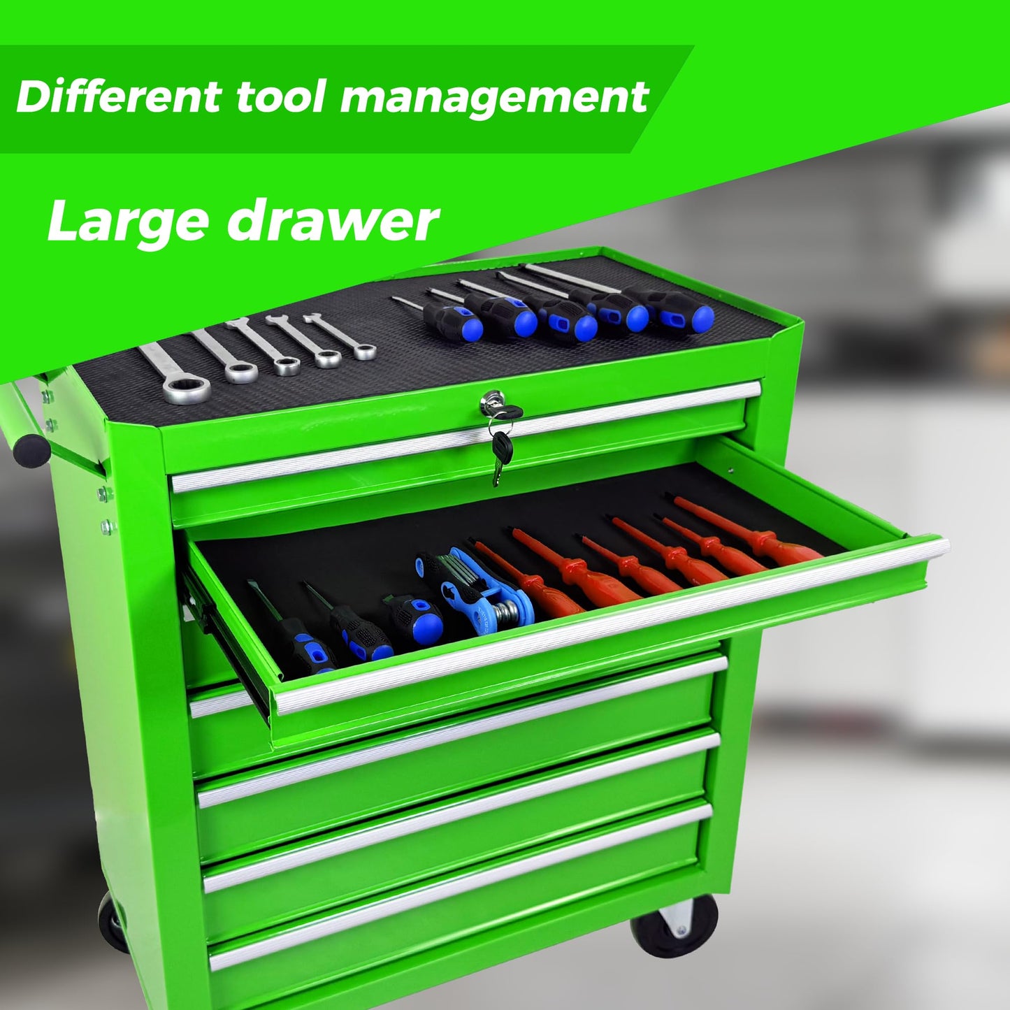 KEIKI Rolling Metal Tool Box with 7 Drawers, Tool Chest with Wheels, Multifunctional Tool Cart Mechanic Tool Storage Cabinet for Garage, Warehouse, Workshop, Repair Shop, Green