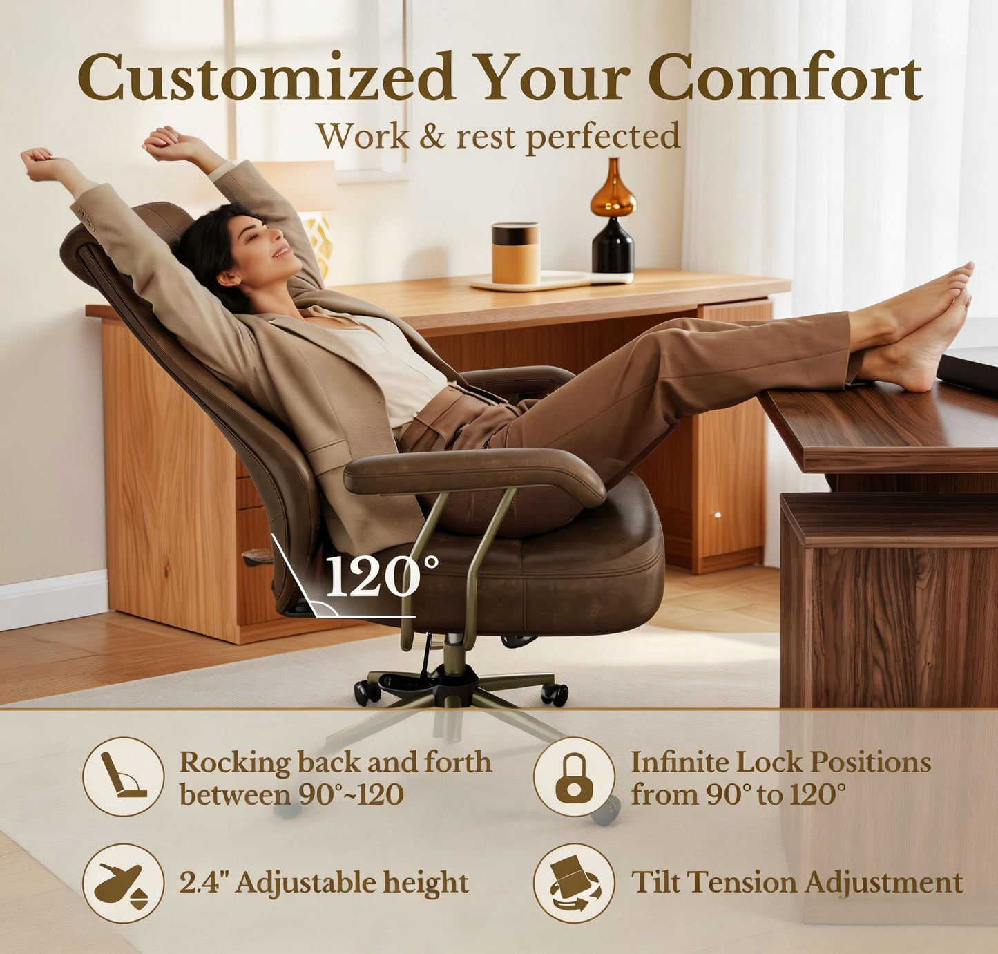 Executive Office Chair, High Back Ergonomic PU Leather Desk Chair with Integrated Headrest & Lumbar Support, Adjustable Reclining Swivel Computer Chair for Home Office, Brown