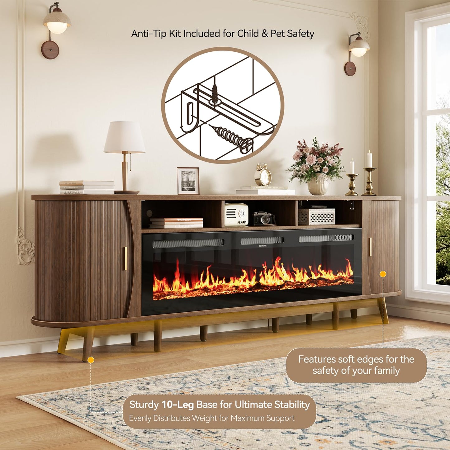 OneBlis 97" Fireplace TV Stand for 100" TV, Mid Century Modern Entertainment Center with 60" Electric Fireplace, Media Console with Sliding Doors & Adjustable Shelves for Living Room, Walnut
