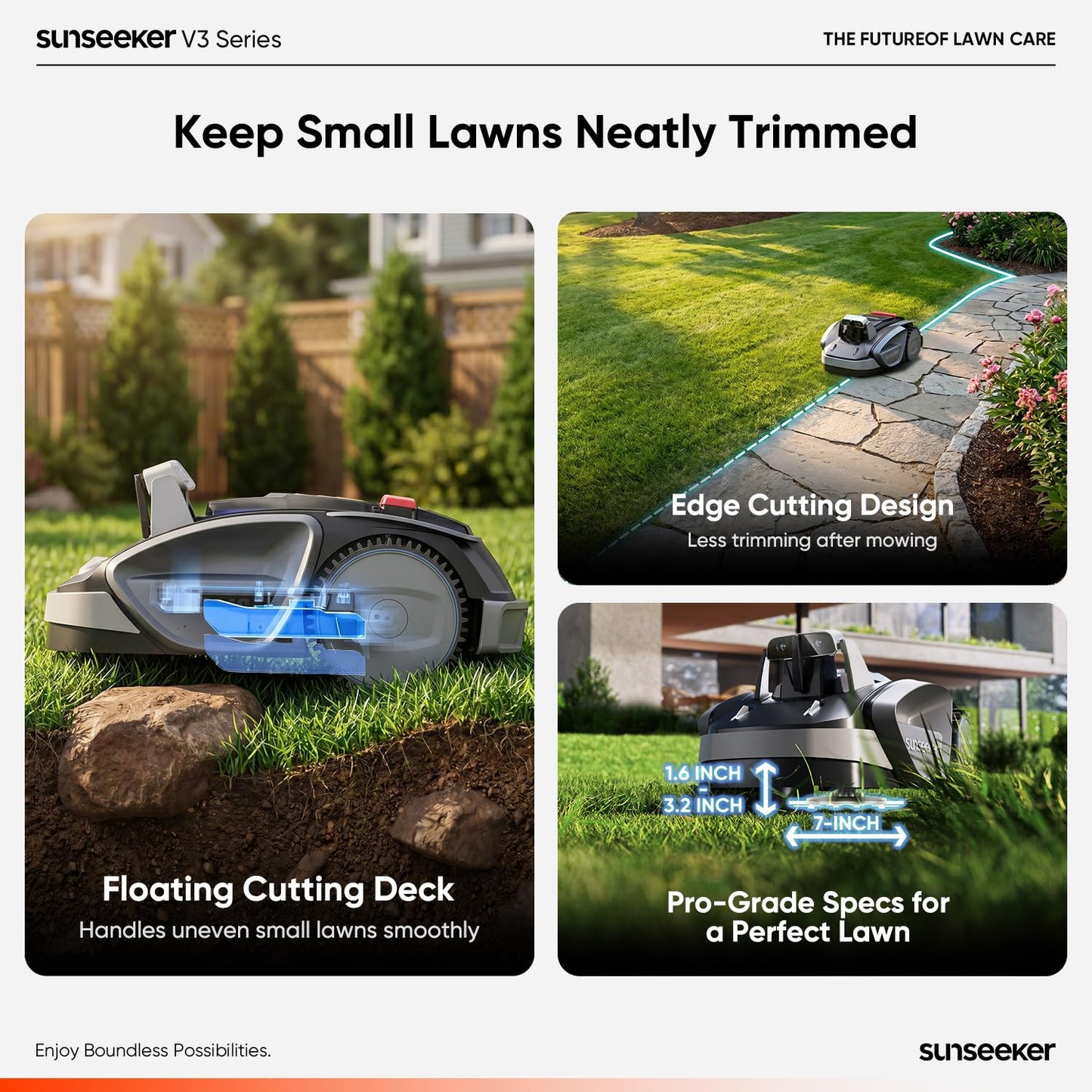 Sunseeker V3 Wireless Robot Lawn Mower for Small Yards, 0.15 Acre/6,400 Sq. Ft., Vision AI Obstacle Detection, One-Click Start, App Control, Auto Recharge, 42% Slope
