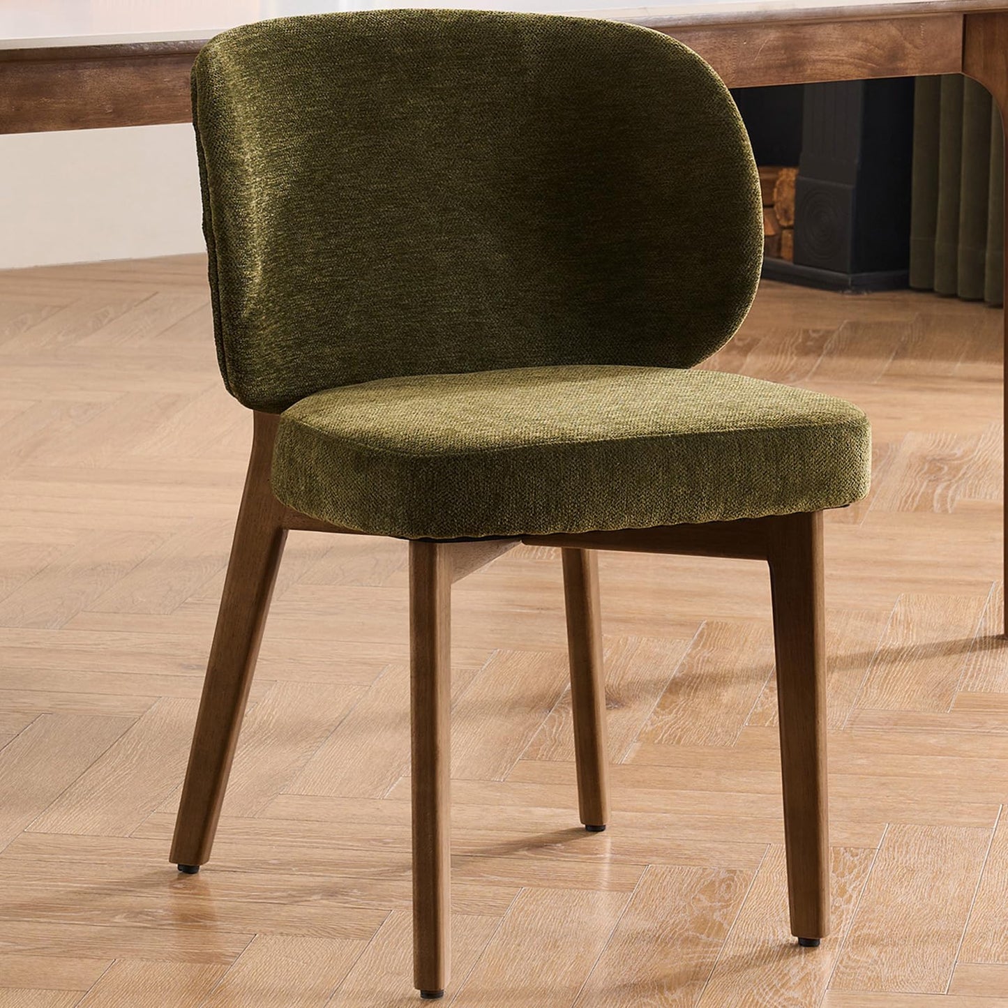 YOUNUOKE Upholstered Dining Chair, Modern Chenille Fabric Dining Room Chair with Wood Legs, Widen Backrest Comfy Side Kitchen Chairs, Green (Single Pack)