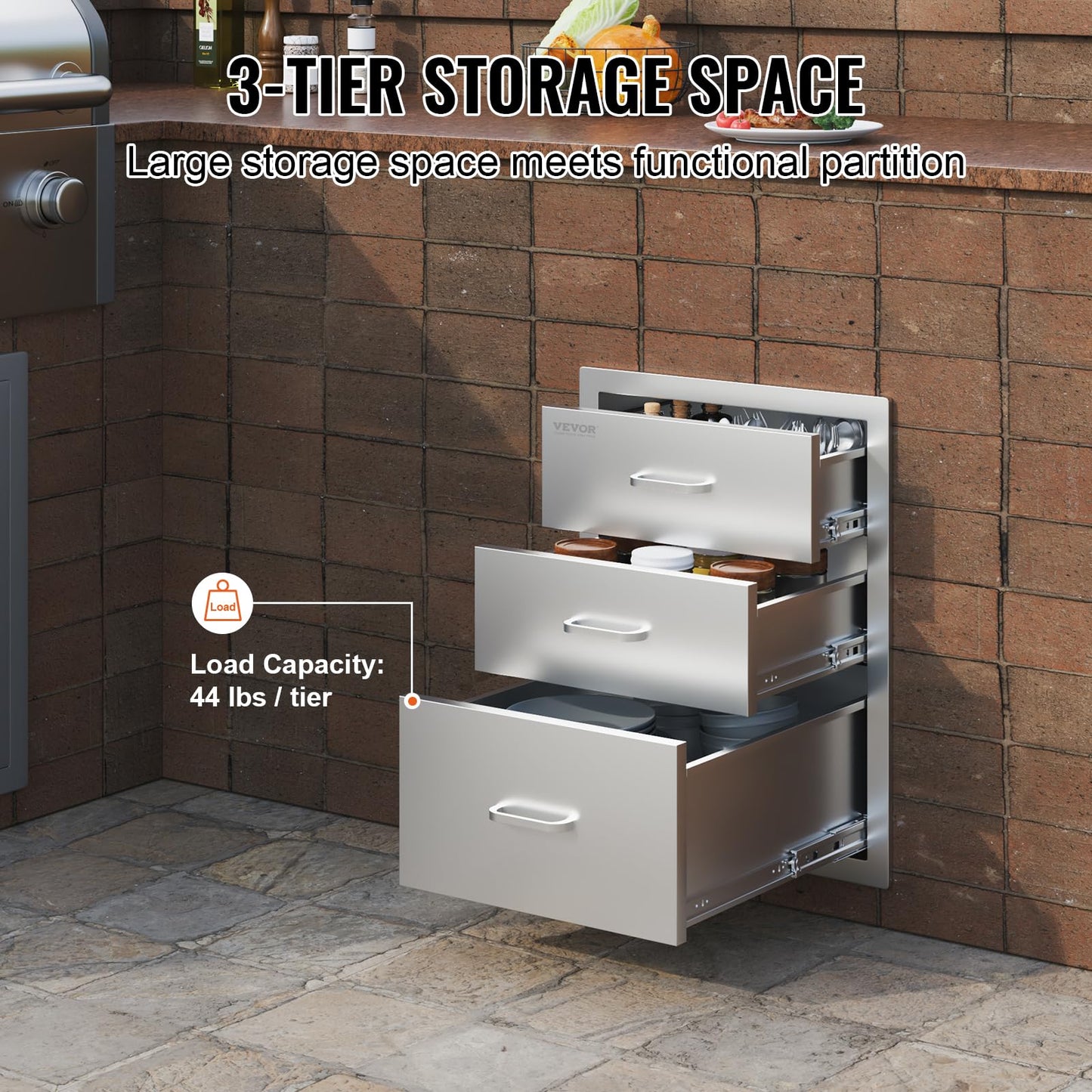 VEVOR 18x23 Inch Outdoor Kitchen Cabinets 18W x 20.5H x 23D Inch, BBQ Drawers Stainless Steel, Outdoor Kitchen Drawers Triple Access with Chrome Handle, BBQ Island Drawers, Grill Drawers Storage