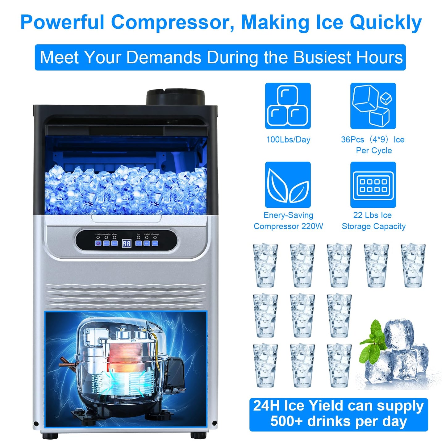 Amzgachfktch Commercial Ice Maker, 100lbs/24H Under Counter/Freestanding Ice Maker with 22 Lbs Storage, 2 Water Inlet Modes, Auto Self Cleaning Ice Machine for Home/Bar/Office/Shop