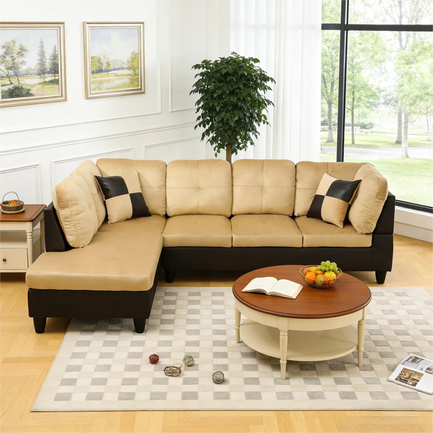 Trygoal 103.5 Inch Modern L-Shaped Couch, Flannel Sectional Sofa with Chaise Lounge, 4-Seater Couch with Accent Pillows for Living Room, Apartment, Beige and Brown
