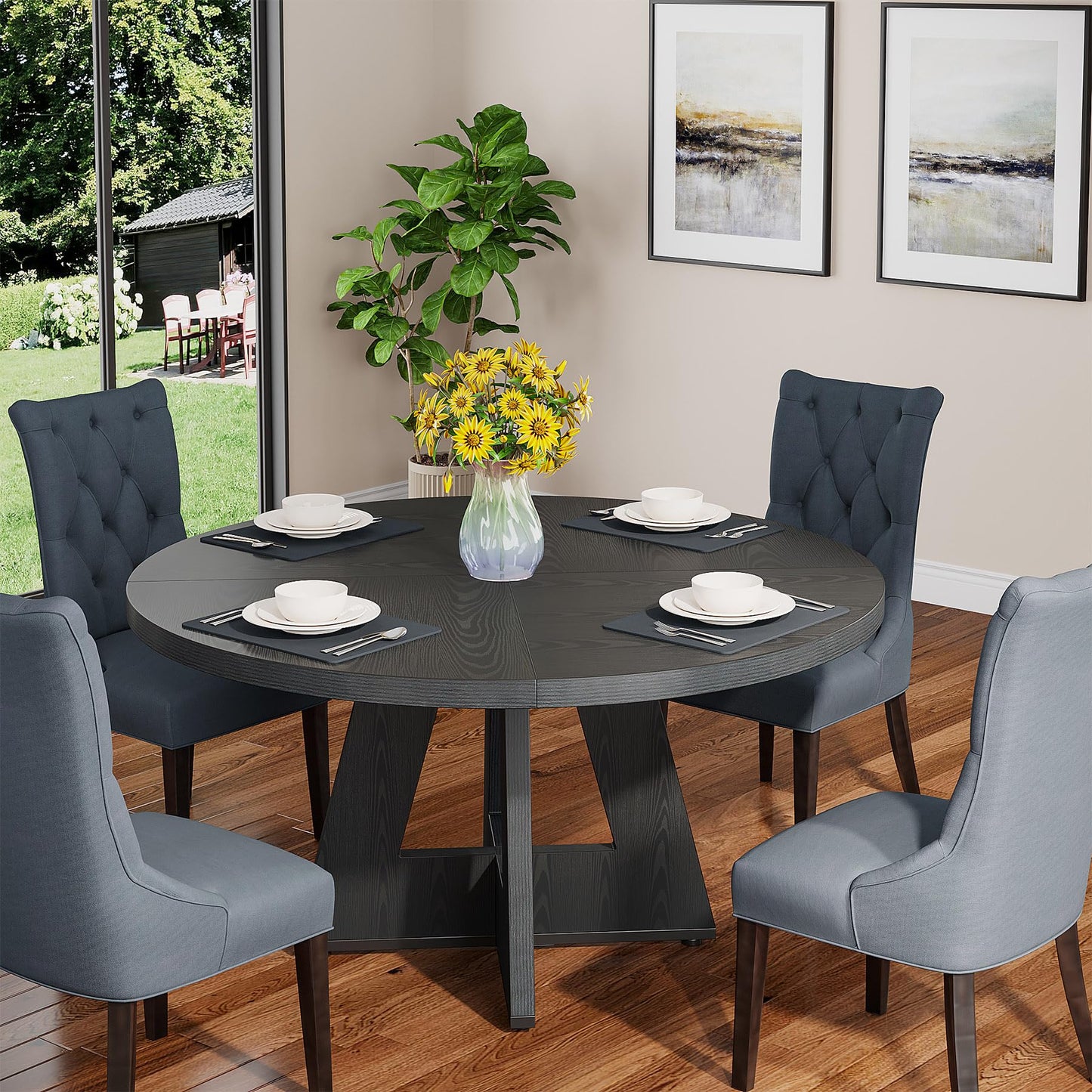 Tribesigns 47 inch Round Dining Table Wood Kitchen Table for Dining Room, 47" Dinner Room Tables for 4-6, Farmhouse Accent Furniture with Wooden Tabletop and Cross Base, Black