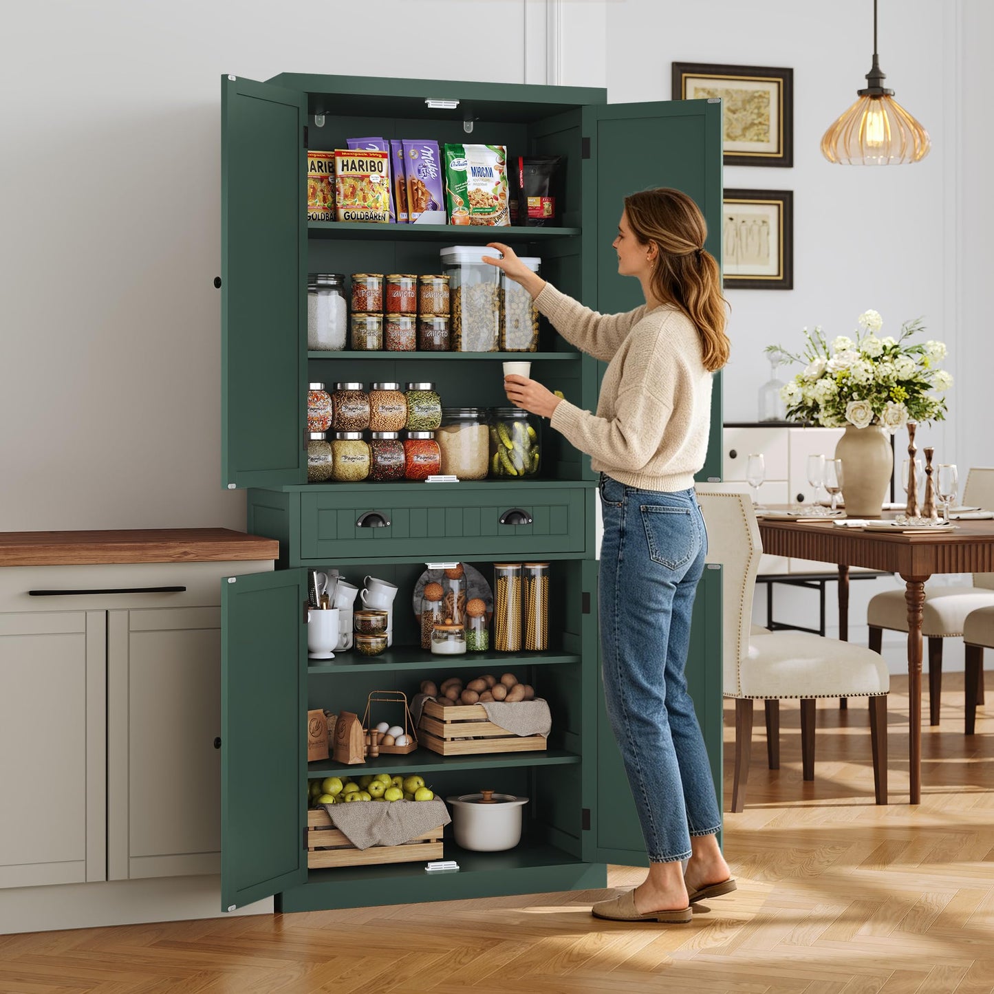 ARTPOWER 72" Tall Kitchen Pantry Storage Cabinet with Drawer and Adjustable Shelves, Pantry Cabinet for Kitchen, Bathroom or Hallway, Green