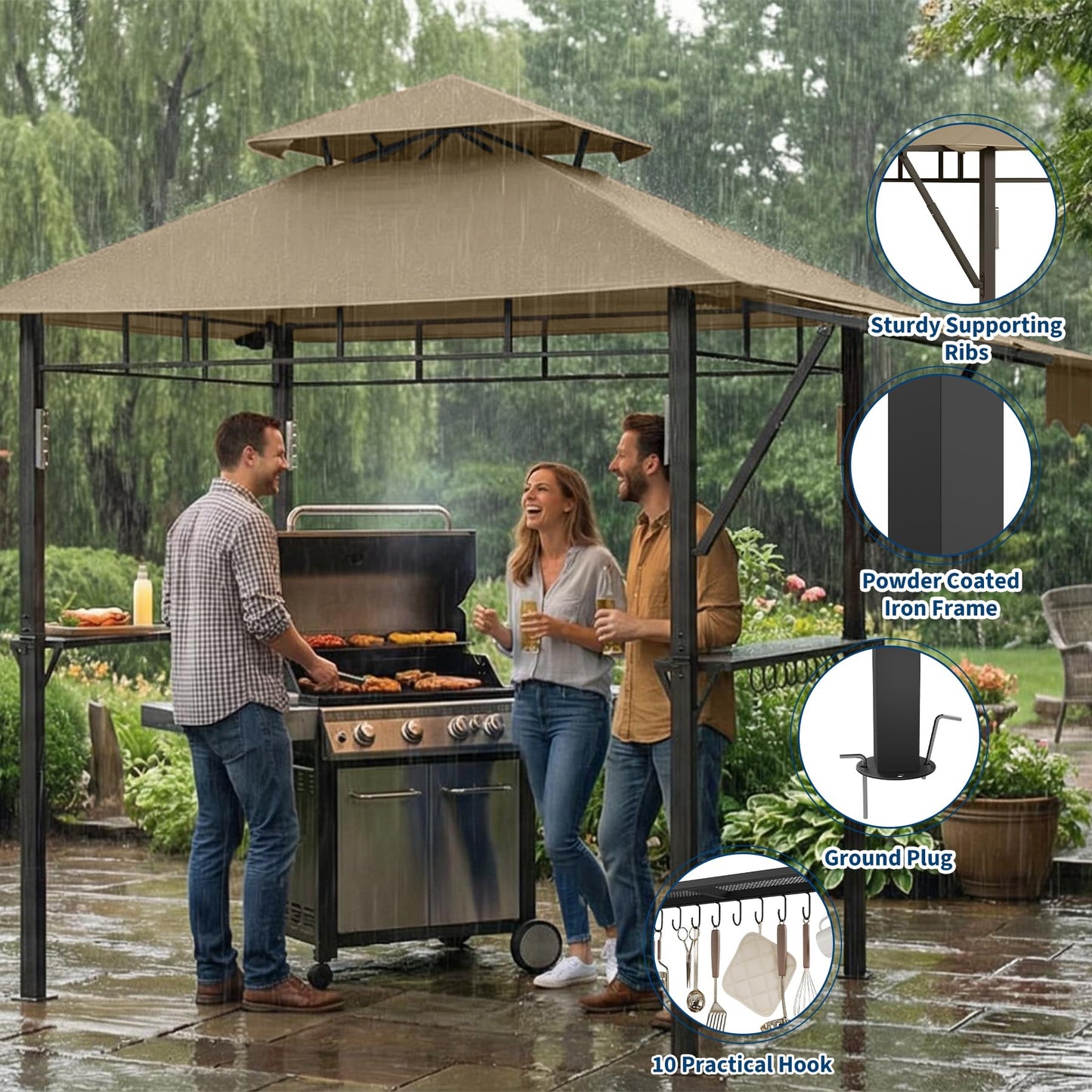 8x5 ft Grill Gazebo, Double Tired Outdoor Patio Canopy Tent with Side Awning Shelves,4 LED Lights,10 Hooks & Bottle Opener,Heavy Duty Steel Frame Grilling Canopy for Patio Backyard Garden Picnic,Khaki
