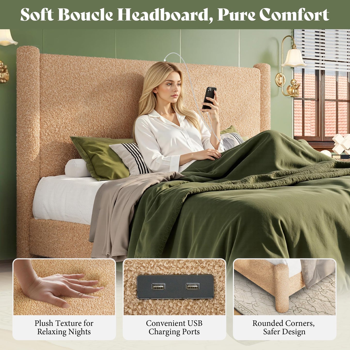 AMERLIFE King Boucle Cloud Upholstered Bed Frame with Cylinder Headboard, Modern Platform Structure, Sherpa Boucle Soft Design, No Box Spring Needed, Khaki