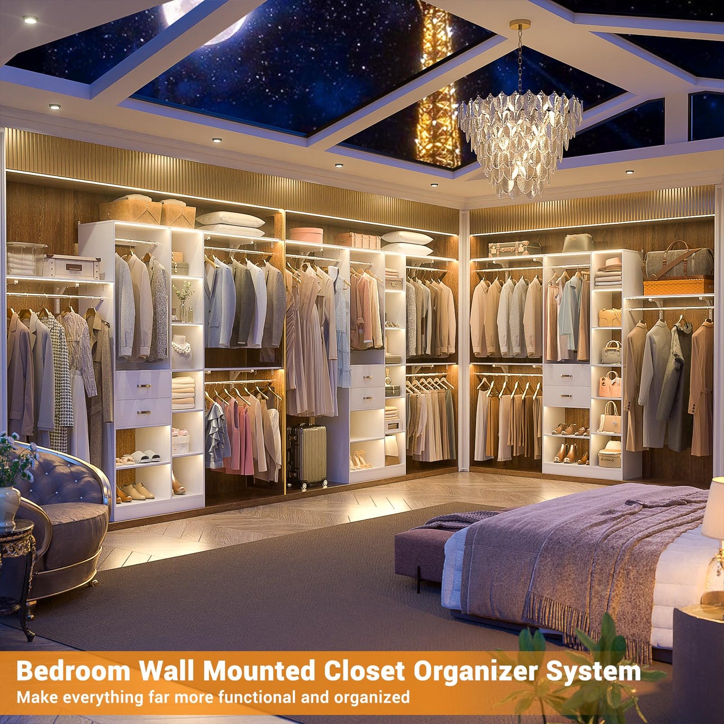 Armocity 8FT Heavy Duty Wood Closet System, 1500 LBS+ Capacity Wall Mounted Walk-in Closet Organizer with 2 Drawers & 4 Hanging Rods, 96'' Custom Bedroom Storage Wardrobe, White
