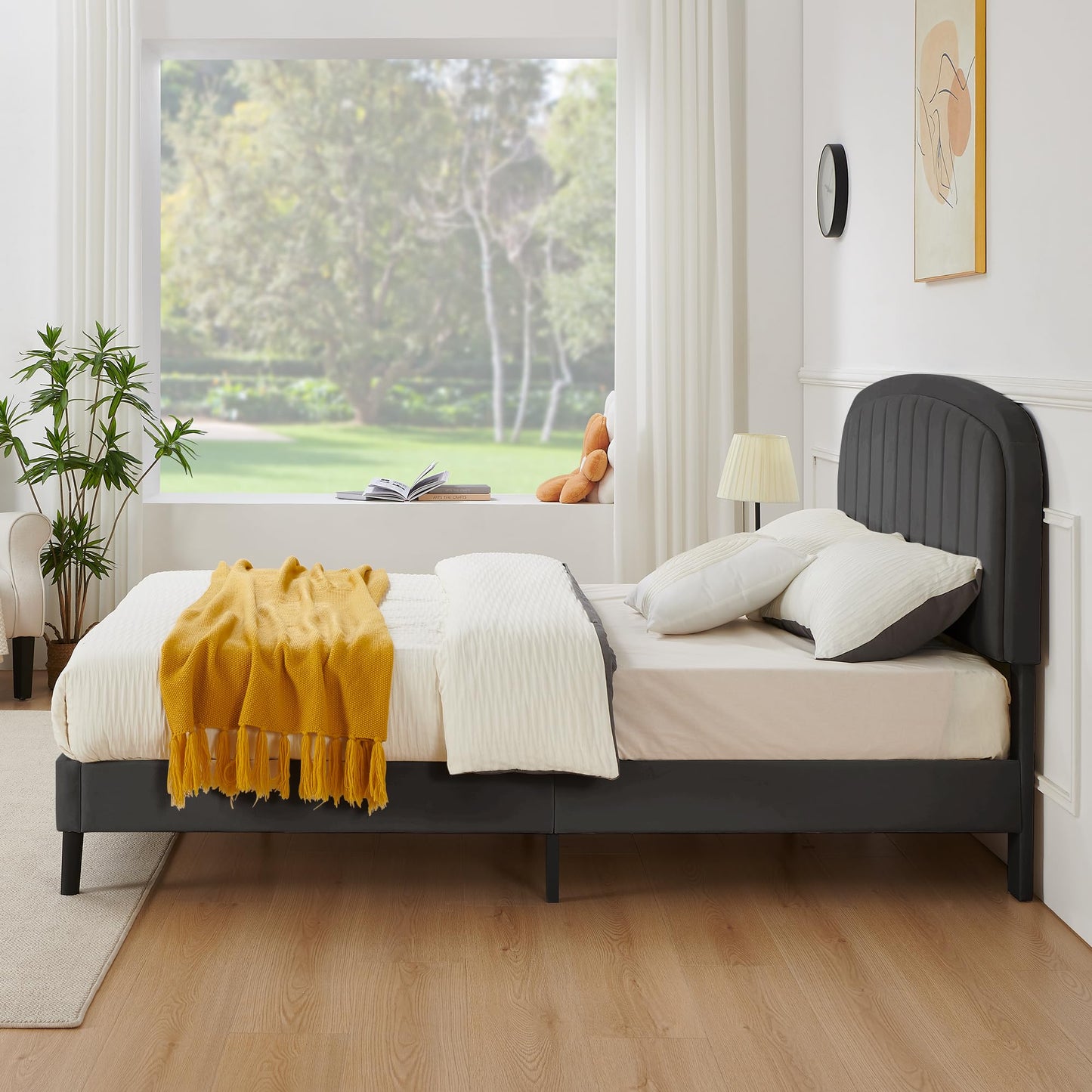 Furnify King Size Bed Frame, Velvet Upholstered Platform Bed with Vertical Channel Tufted Headboard, Rounded Corners Design, Metal Bedframe with Wooden Slat, No Box Spring Required, Grey