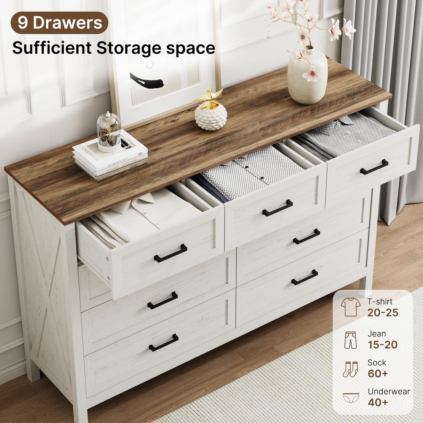 LYNSOM Farmhouse 9 Drawer Dresser for Bedroom, 55 Inch Wide Wood Rustic Chest of Drawers with X-Marking & Bar Handle, Large Storage Dressers Organizer for Bedroom, Living Room, Antique White