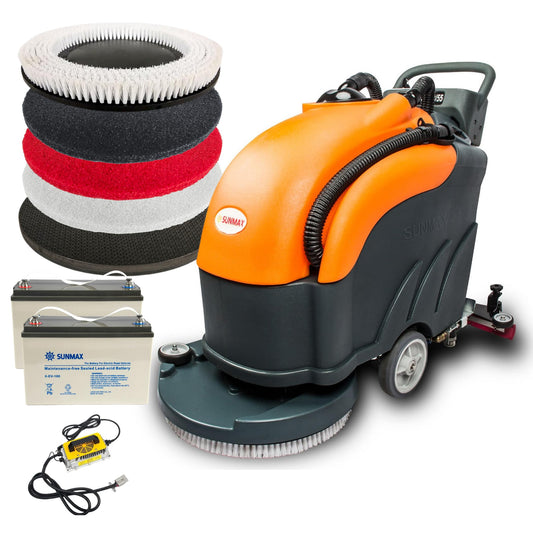 SUNMAX 22" Walk-Behind Commercial Floor Scrubber Machine, Cordless Battery Powered, 13.2/14.5-Gal Dual Tanks, Up to 5 Hours Runtime, 31" Squeegee, Hard Floor Cleaner for Tile, Concrete, Epoxy & VCT