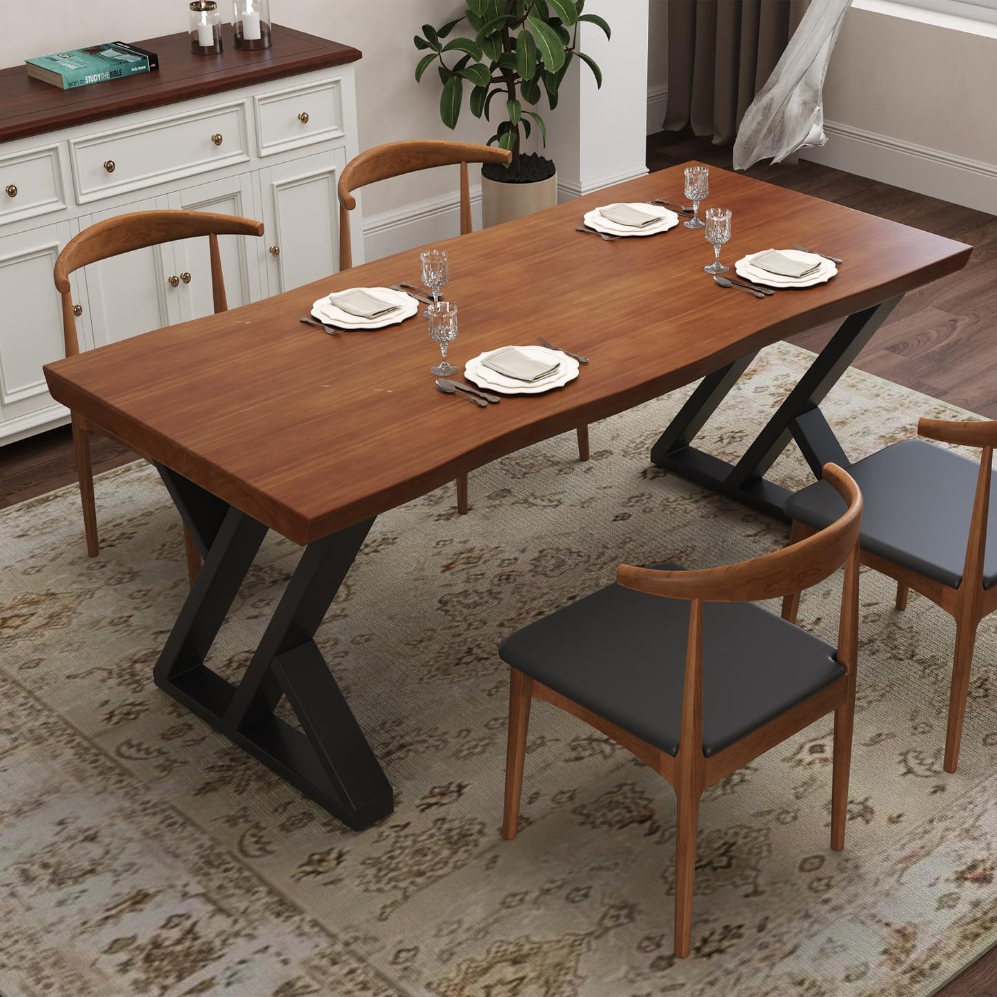 tiedingding 47" Solid Wood Dining Table, Rectangular Kitchen Table with Irregular Live Edge & Thick Tabletop, X-Shape Metal Legs, Oil Proof & Easy Clean, Rustic Brown， for 2-4 People