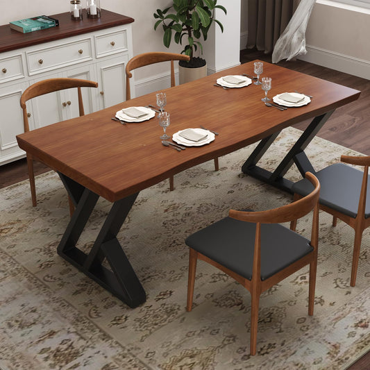 tiedingding 47" Solid Wood Dining Table, Rectangular Kitchen Table with Irregular Live Edge & Thick Tabletop, X-Shape Metal Legs, Oil Proof & Easy Clean, Rustic Brown， for 2-4 People