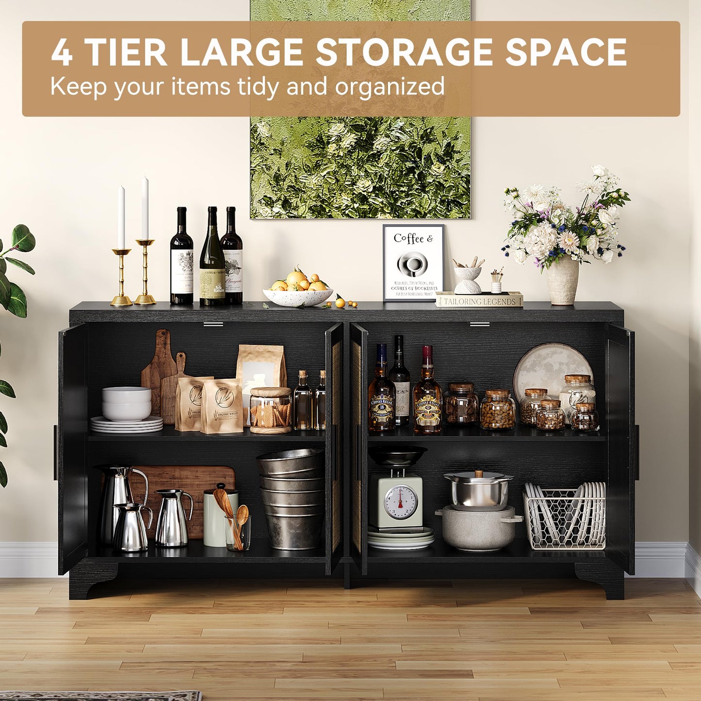 Farmhouse Large Sideboard Buffet with Natural Rattan Doors, 4-Door Storage Cabinet for Kitchen, Living Room, or Entryway, Spacious Storage Solution, Rustic Accent Cabinet for Home Organization