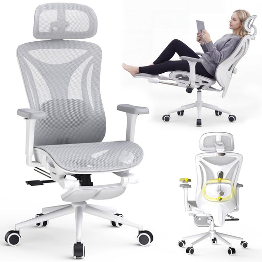 CYKOV Ergonomic Office Chair with Footrest - Adjustable Lumbar Support & Headrest, 90-160° Reclining Mesh Back Computer Chair - Home Office/Gaming, 350lbs Capacity (W-Grey, Mesh)