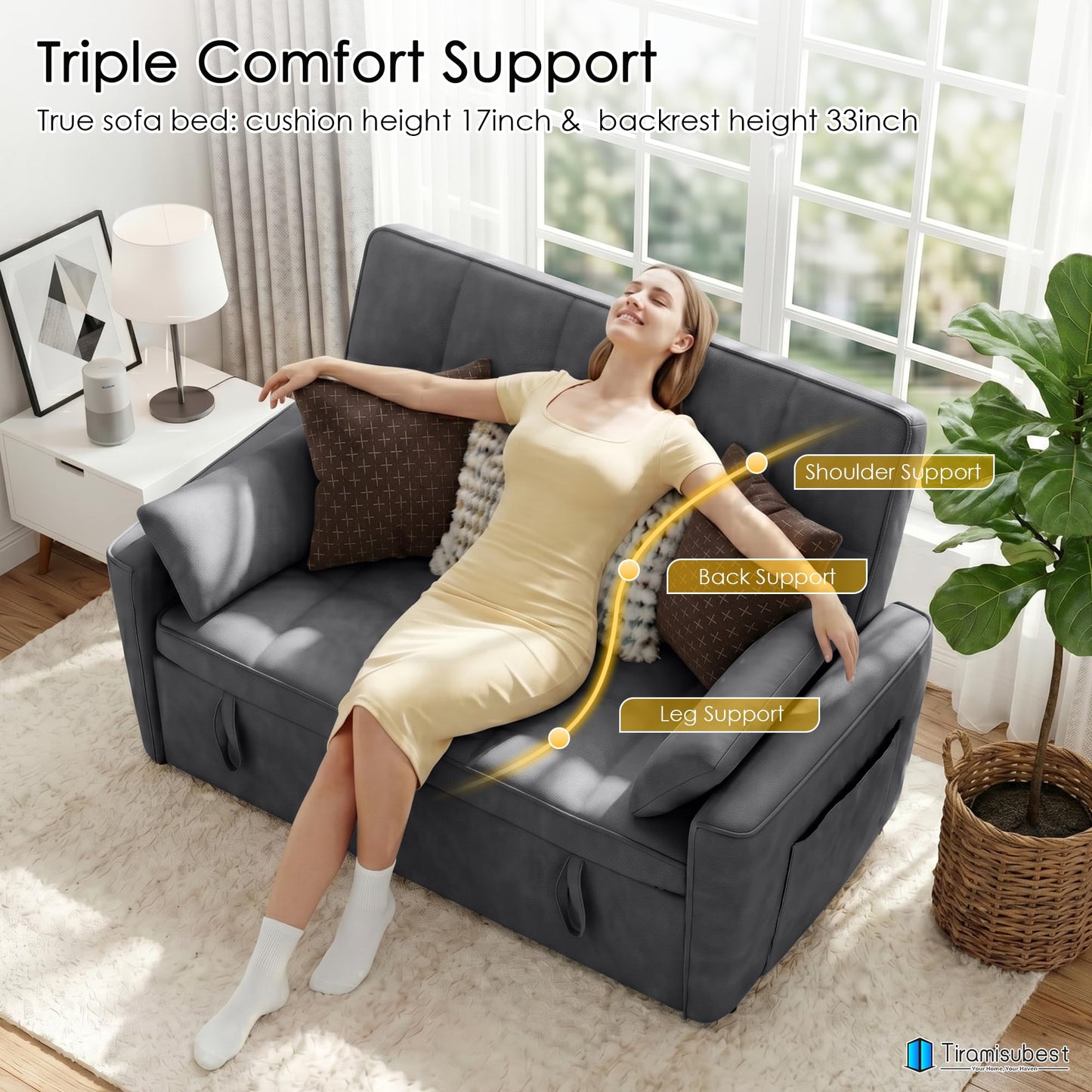 tiramisubest 54'' Sleeper Sofa Bed, Convertible Pull Out Couch Futon for for Living Room,Apartment (Darkgrey, Loveseat) Side Pockets, Velvet Fabric, Adjustable Backrest, Pull-Out Bed, Easy Assembly
