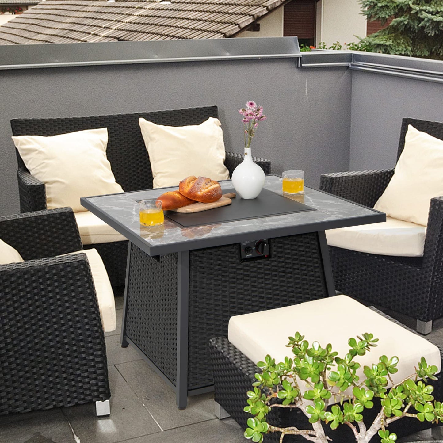Tangkula 35 Inch Rattan Propane Gas Fire Pit Table, Patiojoy 50,000 BTU Outdoor Wicker Patio Propane Fire Pit w/Lid, Lava Rocks and PVC Cover, Auto-Ignition Square Firepit Table with Marble Tabletop