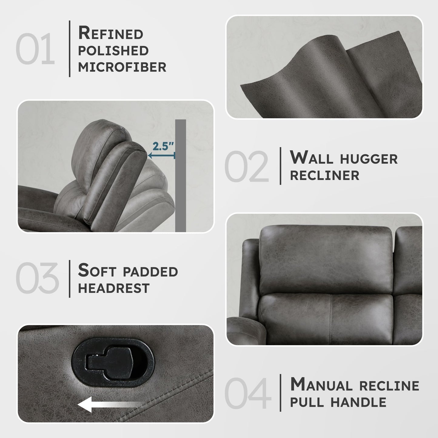 Lexicon 61.5'' Double Recliner Couch, Wall Hugger Sofa Recliners, Home Theater Seating Dual Reclining Couch, Love seat Recliner Manual Recliner Couches for Living Room/Bedroom/Office/Apartment, Grey