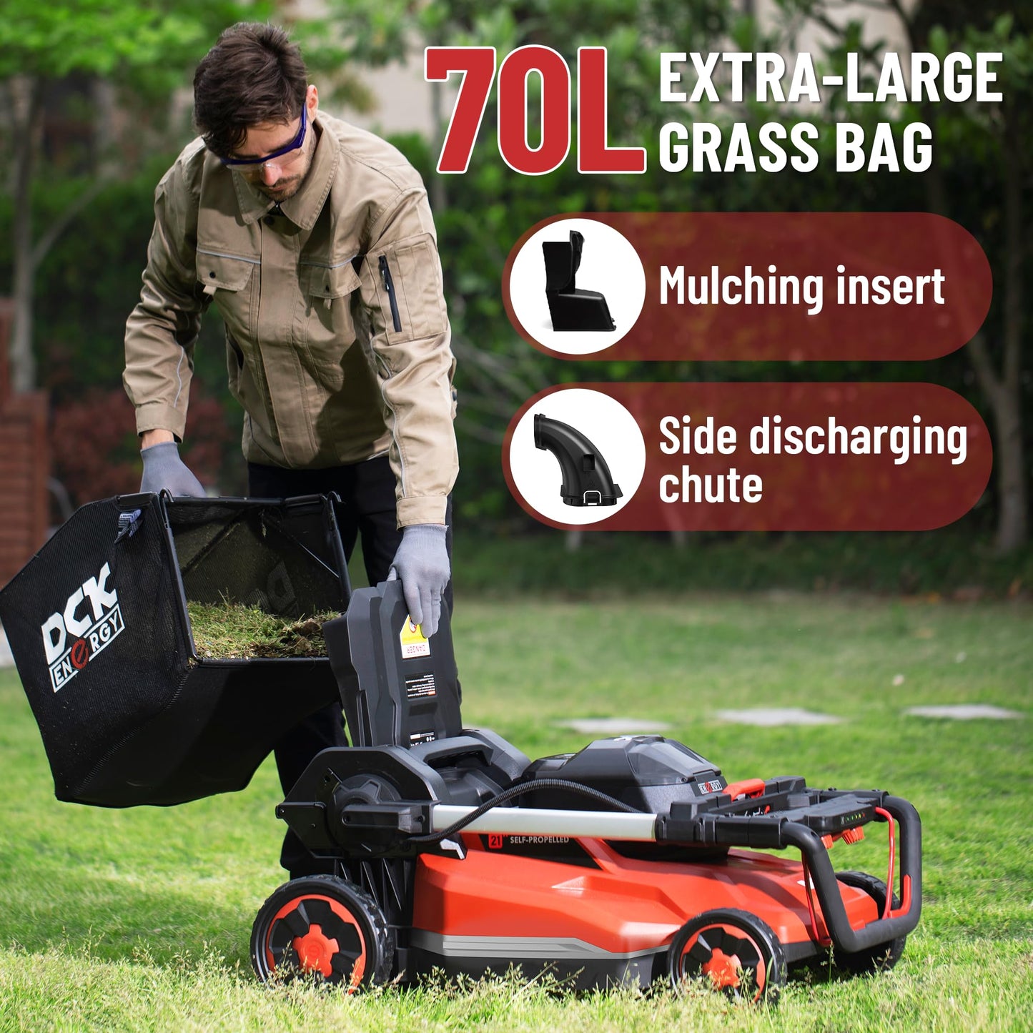 DCK 58V 21" Self-Propelled Lawn Mower 3-in-1 (Mowing/Collecting/Mulching), 7 Cut Heights, Foldable, LED Light, Upgraded Brushless Motor, 6.0Ah Battery & Charger