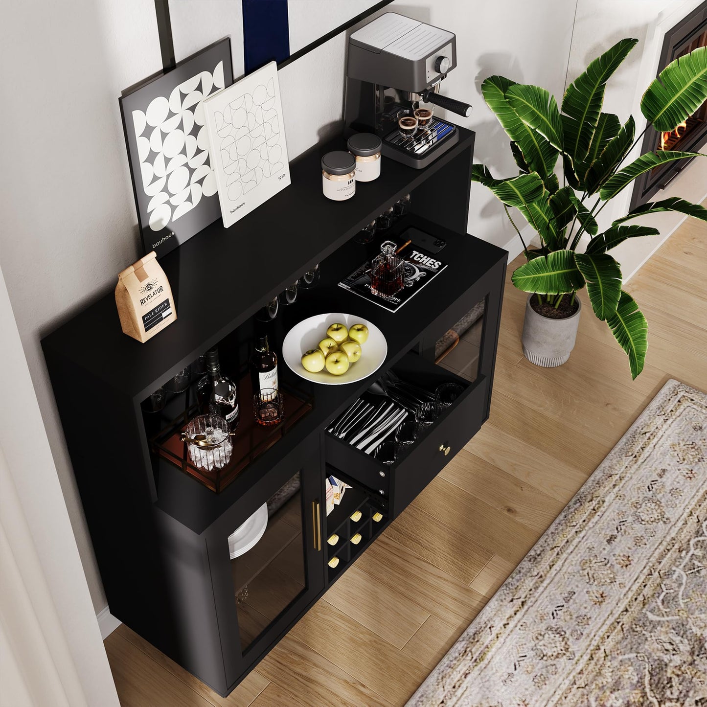 Rustic Modern Home Bar Cabinet with LED Lights & Glass Doors - Coffee & Wine Bar Station with Storage Shelves, Lockable Door, Spacious Countertop for Kitchen, Dining Room, Game Room Furniture