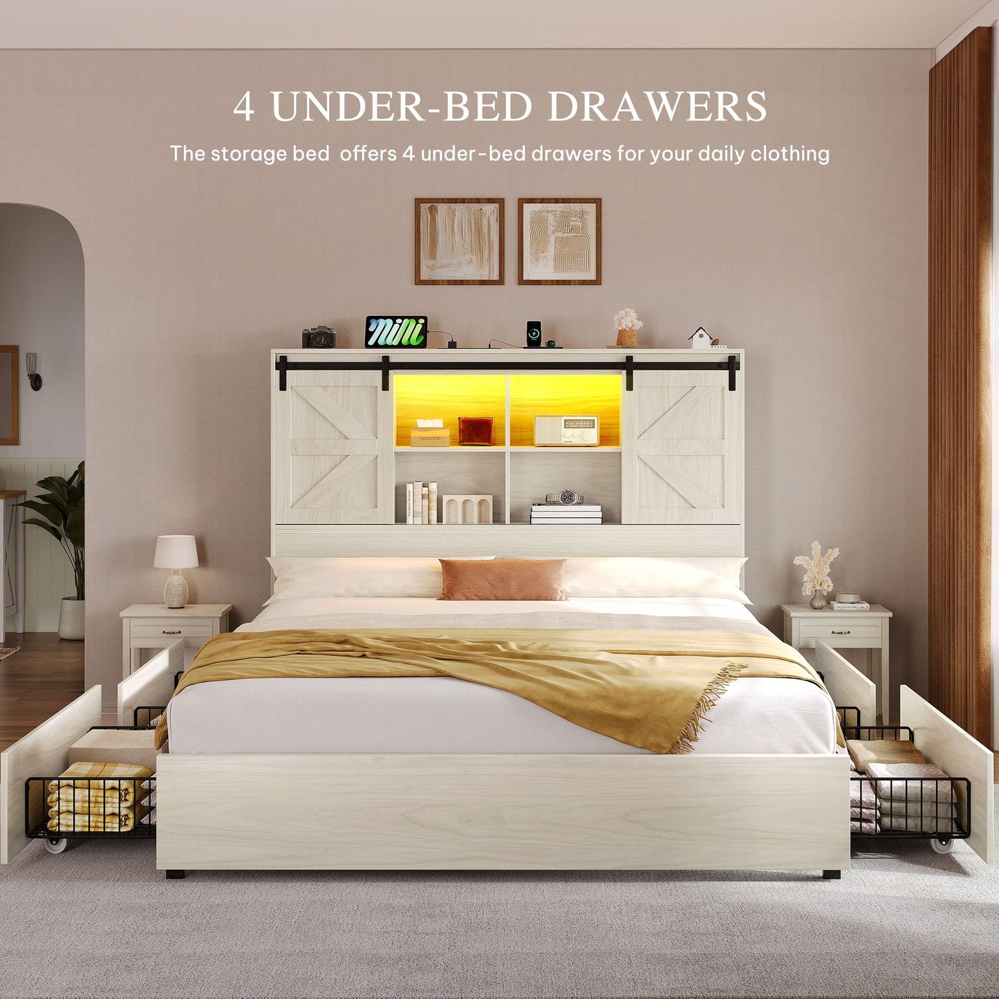 DWVO Farmhouse Queen Size Bed Frame with Storage Bookcase Headboard, Sliding Barn Door, 4 Storage Drawers, RGB LED Bed Frame with USB Charging Station, No Box Spring Needed, Antique White