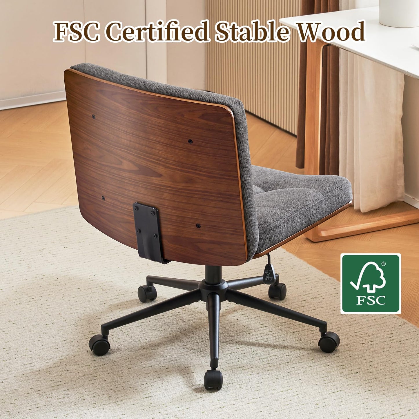 Furnimart Heavy-Duty FSC Wooden Wide Desk Chair, 360° Swivel Criss Cross Office Chair with Wheels, Comfy Cross Legged Sitting, Armless Rolling Chair for Bedroom, Office, Vanity(Linen Gray)